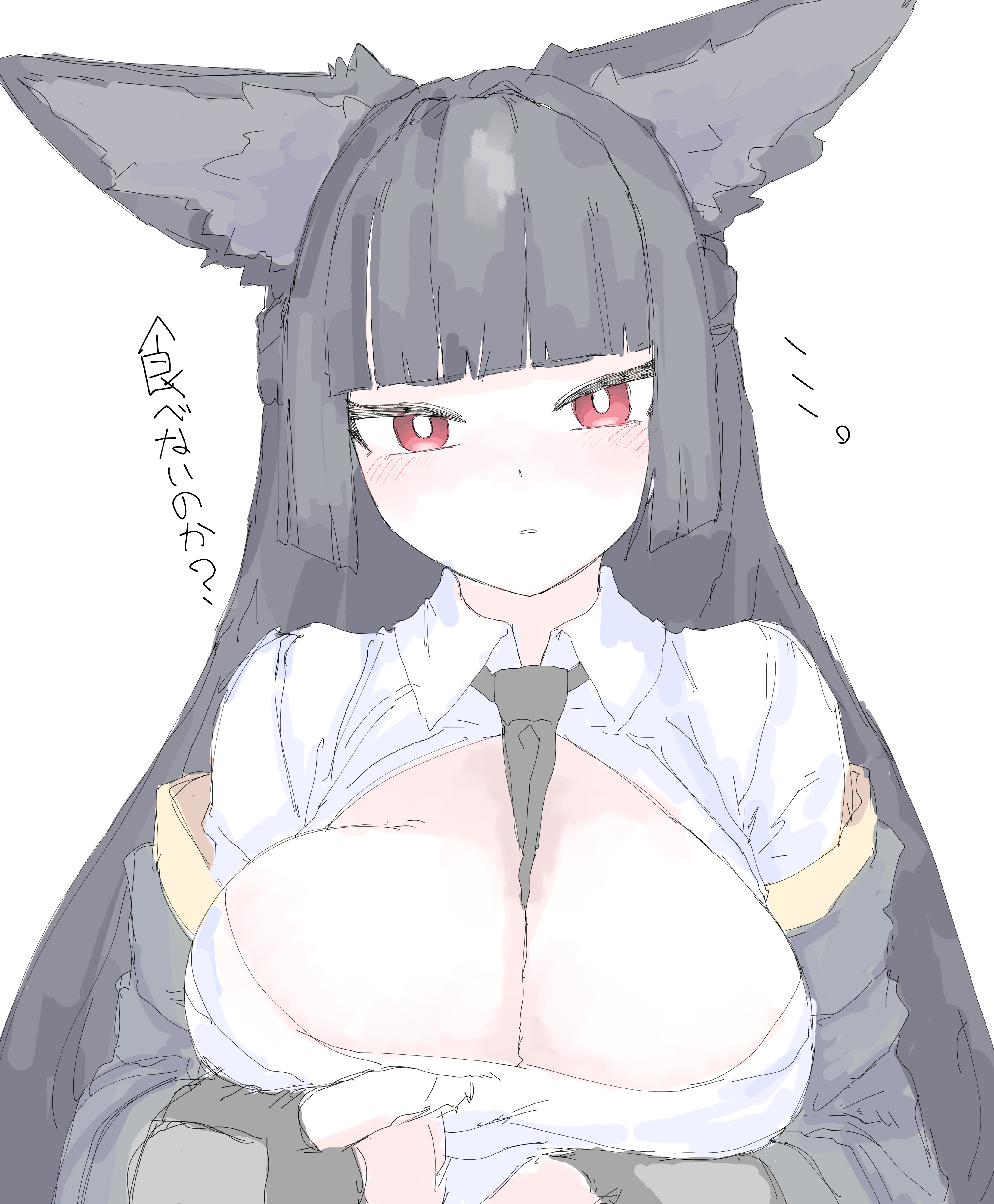 mocamocaink, hoshimi miyabi, zenless zone zero, absurdres, commentary request, highres, animal ears, black hair, blush, breast press, breasts, cat ears, colored skin, large breasts, mummy costume, no bra, solo, white background, white skin