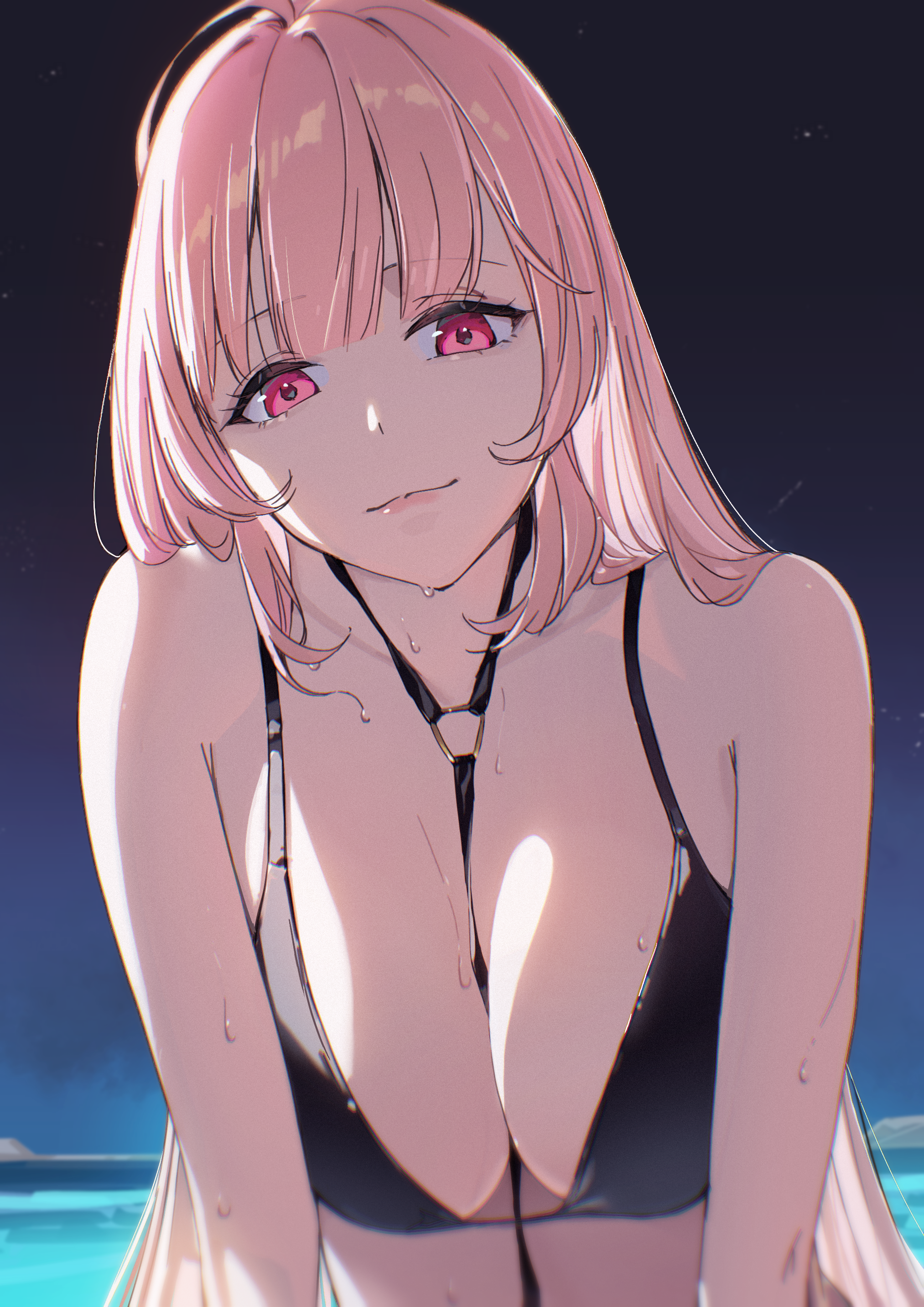 hatski.sin, clemenceau (azur lane), azur lane, absurdres, commentary request, highres, 1girl, bare shoulders, between breasts, bikini, black bikini, breasts, brown hair, cleavage, closed mouth, collarbone, harness, large breasts, leaning forward, long hair, looking at viewer, night, o-ring, ocean, outdoors, red eyes, sidelocks, smile, solo, standing, stomach, strap between breasts, swimsuit, upper body, wet