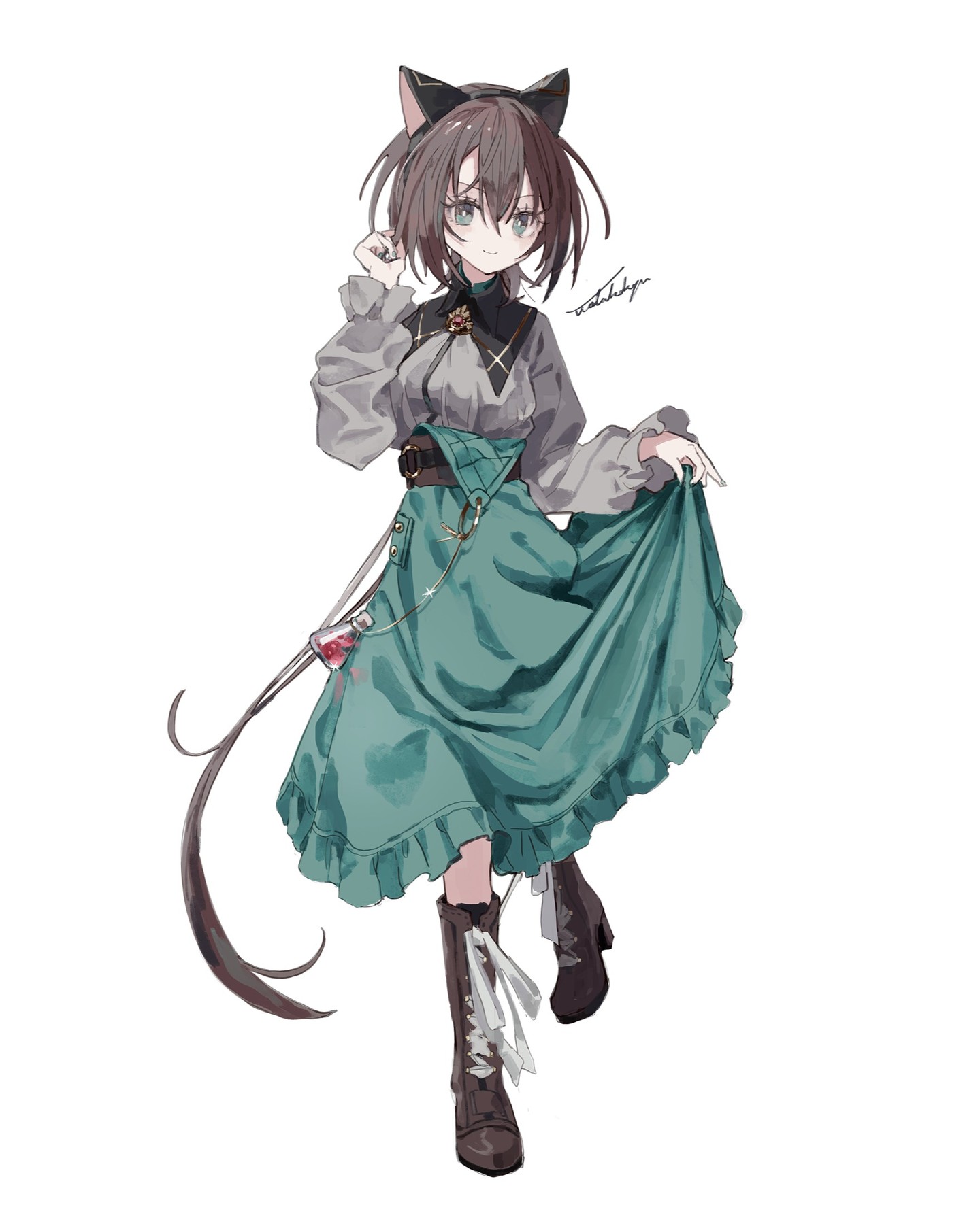 watakokyu, original, commentary request, highres, 1girl, animal ear hairband, animal ears, artist name, belt, black belt, boots, breasts, brooch, brown boots, brown hair, cat ears, closed mouth, double-parted bangs, erlenmeyer flask, fake animal ears, fingernails, flask, frilled skirt, frilled sleeves, frills, full body, glint, green eyes, green nails, green skirt, grey shirt, hair between eyes, hairband, hand in own hair, hand up, high heel boots, high heels, jewelry, knee boots, lace-up boots, long hair, long skirt, long sleeves, looking at viewer, medium breasts, nail polish, o-ring, o-ring belt, puritan collar, raised eyebrow, shirt, simple background, skirt, skirt hold, smile, solo, standing, standing on one leg, turning head, very long hair, white background