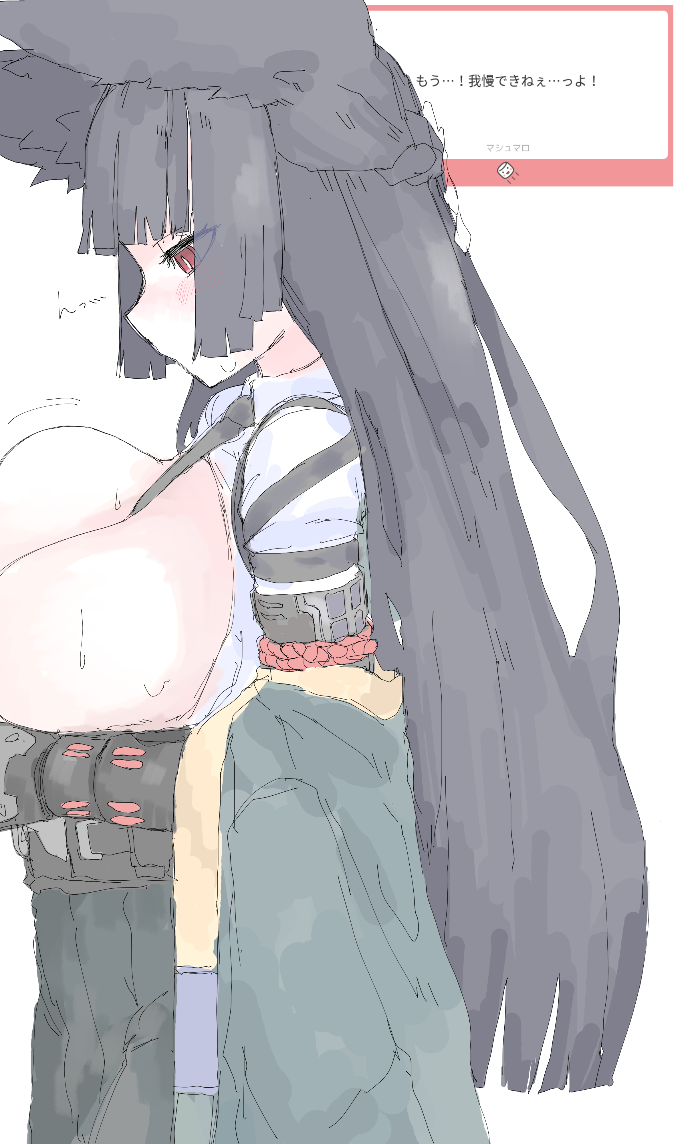 mocamocaink, hoshimi miyabi, zenless zone zero, absurdres, commentary request, highres, 1girl, animal ears, between breasts, blush, breasts, breasts out, colored skin, fox ears, fox girl, large breasts, necktie, necktie between breasts, no bra, solo, white background, white skin