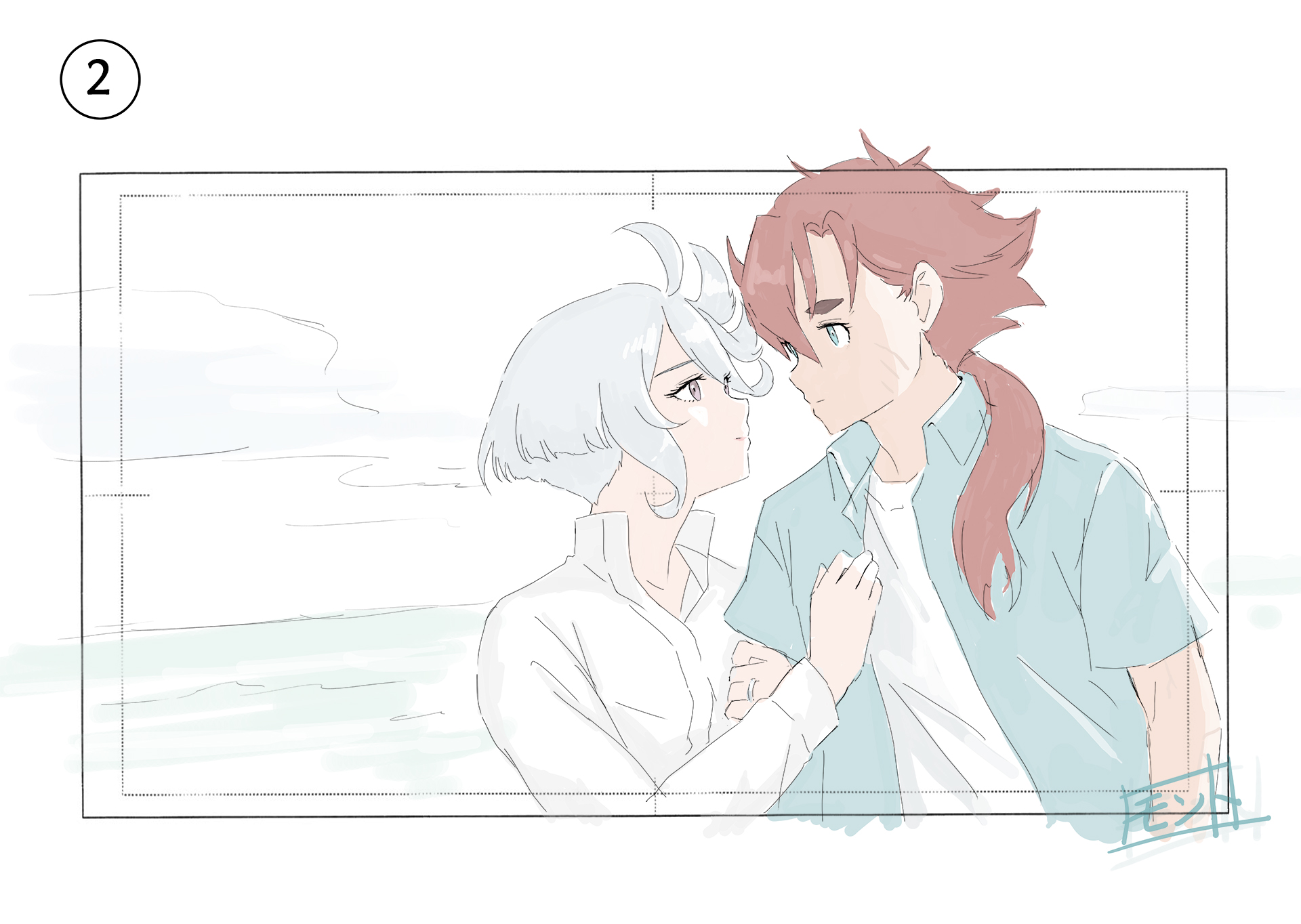 miorine rembran, suletta mercury, gundam, gundam suisei no majo, commentary request, highres, 2girls, arm hug, blue eyes, blue shirt, closed mouth, grey eyes, jewelry, long hair, monto (user dmde2437), multiple girls, ocean, outdoors, ponytail, red hair, ring, scar, scar on face, shirt, short hair, thick eyebrows, wedding ring, white hair, white shirt, wife and wife, yuri