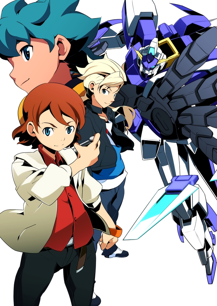 nyuusankin, asemu asuno, flit asuno, gundam age-fx, kio asuno, gundam, gundam age, commentary request, official art, 3boys, aqua eyes, black jacket, black pants, black shoes, blonde hair, brown hair, closed mouth, funnels (gundam), holding, jacket, long hair, low ponytail, mecha, mobile suit, multicolored shoes, multiple boys, open clothes, open jacket, orange jacket, pants, ponytail, red shirt, robot, shirt, shoes, short hair, v-fin, white background, white jacket, white shoes