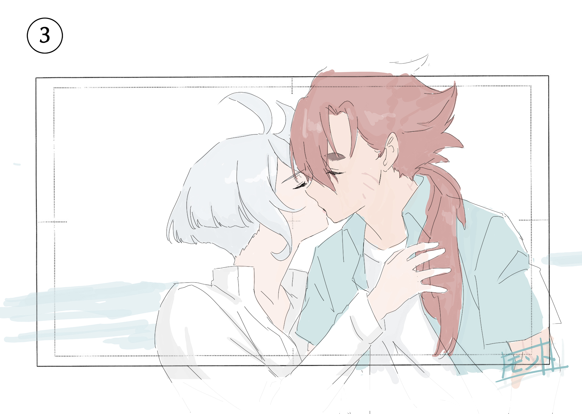 miorine rembran, suletta mercury, gundam, gundam suisei no majo, commentary request, highres, 2girls, blue shirt, closed eyes, collared shirt, kiss, long hair, monto (user dmde2437), multiple girls, ocean, outdoors, ponytail, red hair, scar, scar on face, shirt, short hair, thick eyebrows, white hair, white shirt, yuri