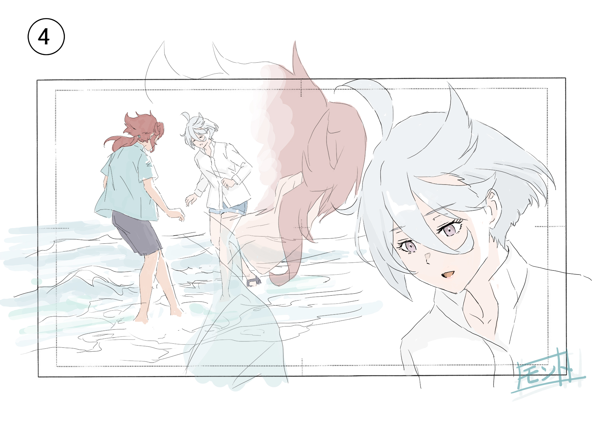 miorine rembran, suletta mercury, gundam, gundam suisei no majo, commentary request, highres, 2girls, blue shirt, grey eyes, grey shorts, jewelry, long hair, monto (user dmde2437), multiple girls, ocean, open mouth, outdoors, ponytail, red hair, ring, shirt, short hair, shorts, smile, splashing, wading, wedding ring, white hair, white shirt, wife and wife