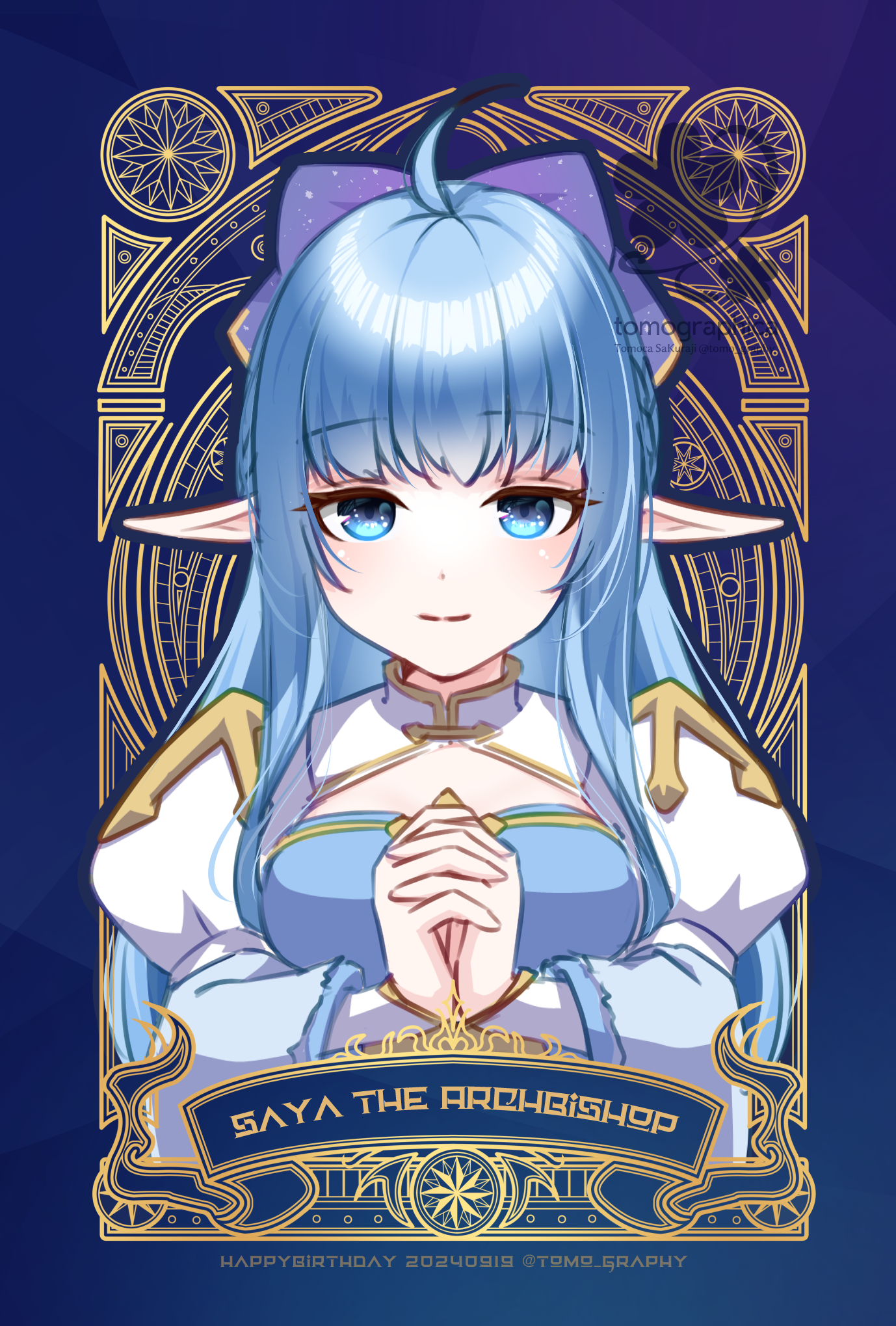 sakuraji tomoka, arch bishop (ragnarok online), ragnarok online, commentary request, highres, 1girl, blue dress, blue eyes, blue hair, blush, bow, breasts, character name, cleavage cutout, closed mouth, clothing cutout, cross, dated, dress, hair bow, happy birthday, interlocked fingers, juliet sleeves, long hair, long sleeves, looking at viewer, medium breasts, own hands together, pointy ears, puffy sleeves, purple background, purple bow, smile, solo, two-tone dress, upper body, white dress