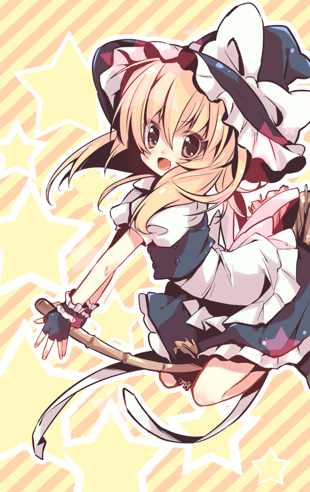 nakamura sandayo, kirisame marisa, touhou, artist request, 1girl, blonde hair, broom, broom riding, female focus, fingerless gloves, gloves, hat, skirt, solo, witch, witch hat