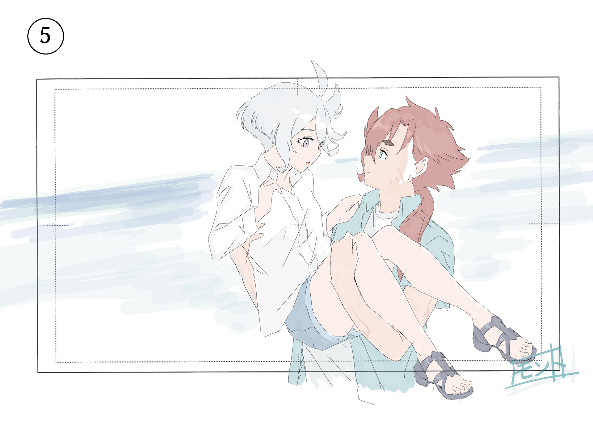 miorine rembran, suletta mercury, gundam, gundam suisei no majo, commentary request, highres, 2girls, black sandals, blue eyes, blue shirt, blue shorts, carrying, closed mouth, collared shirt, grey eyes, long hair, monto (user dmde2437), multiple girls, ocean, open mouth, outdoors, princess carry, red hair, sandals, scar, scar on arm, scar on face, shirt, short hair, shorts, smile, thick eyebrows, toes, white hair, white shirt, yuri