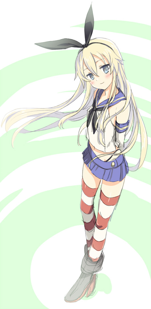 tobade (tbdfactory), shimakaze (kancolle), kantai collection, commentary, 1girl, arms behind back, black neckerchief, black panties, blonde hair, blue eyes, blue sailor collar, blue skirt, blush, closed mouth, elbow gloves, gloves, highleg, highleg panties, long hair, looking at viewer, microskirt, miniskirt, neckerchief, panties, pleated skirt, rudder footwear, sailor collar, simple background, skirt, solo, striped clothes, striped thighhighs, thighhighs, two-tone background, underwear, white gloves