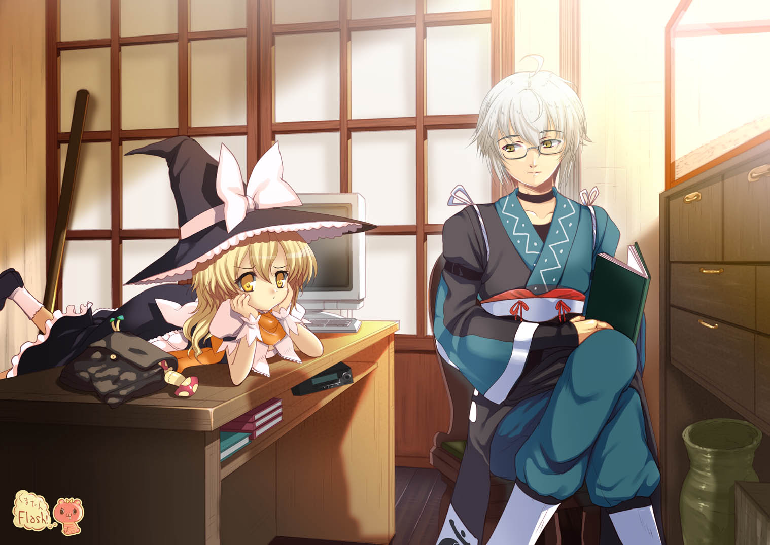 kumao mofumofu, kirisame marisa, morichika rinnosuke, curiosities of lotus asia, touhou, 1boy, 1girl, bag, bent over, blonde hair, book, desk, hat, head rest, monitor, mushroom, witch, witch hat, yellow eyes
