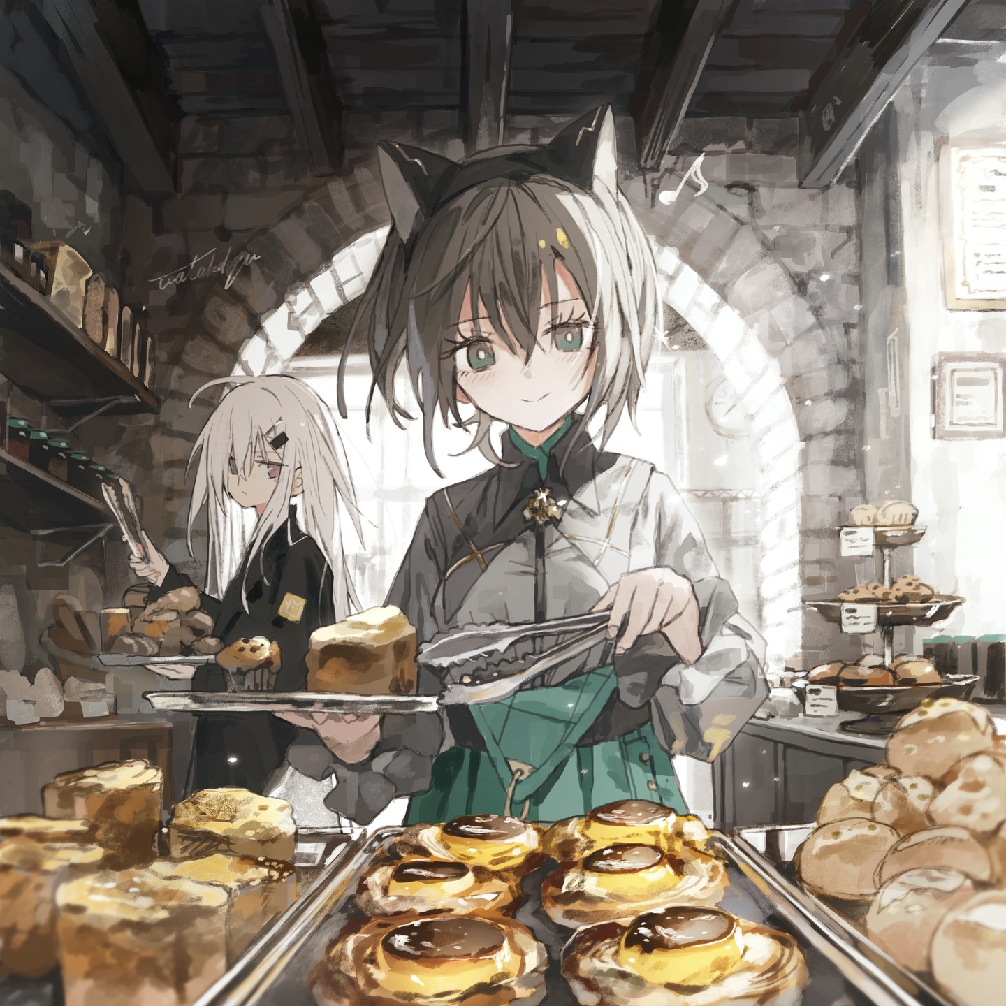 original, character request, highres, 2girls, animal ear hairband, animal ears, arch, bakery, brown eyes, cat ears, closed mouth, fake animal ears, food, green eyes, green skirt, grey hair, grey shirt, hair between eyes, hairband, harly whealer, holding, holding tongs, holding tray, indoors, long hair, long sleeves, multicolored eyes, multiple girls, pastry, shelf, shirt, shop, short hair, skirt, smile, solo focus, stone wall, tiered tray, tongs, tray, two-tone eyes, white hair
