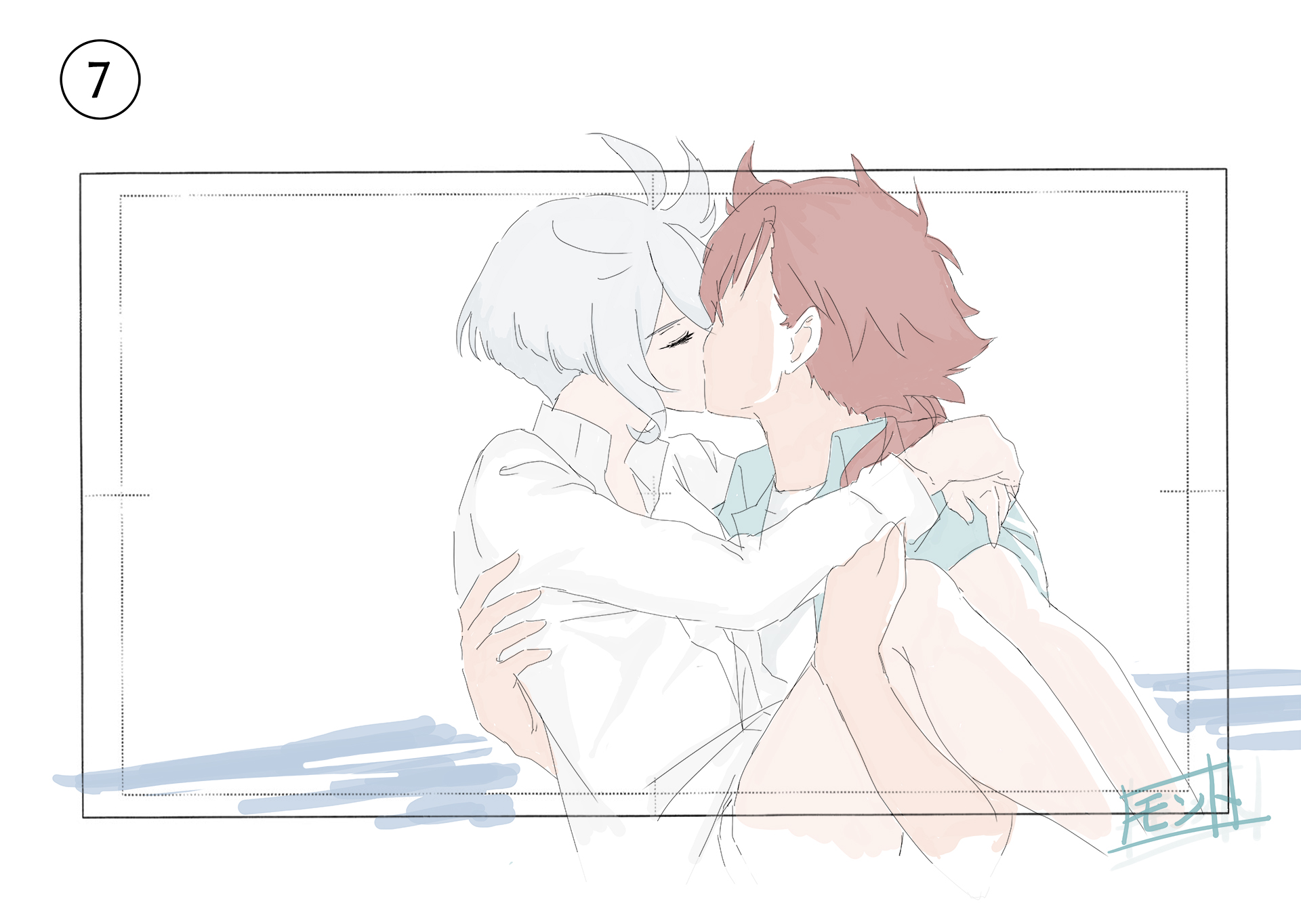 miorine rembran, suletta mercury, gundam, gundam suisei no majo, commentary request, highres, 2girls, arms around neck, blue shirt, carrying, closed eyes, collared shirt, kiss, long hair, monto (user dmde2437), multiple girls, ocean, outdoors, princess carry, red hair, shirt, short hair, white hair, white shirt, yuri