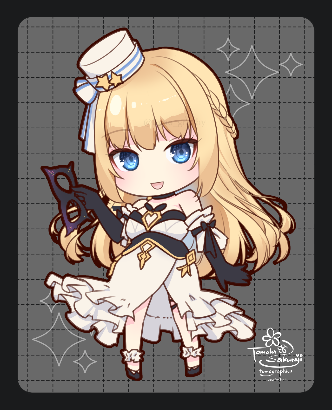 sakuraji tomoka, ragnarok masters, ragnarok online, commentary request, highres, 1girl, :d, black gloves, blonde hair, blue eyes, blush, bow, chibi, chibi only, dress, elbow gloves, eye mask, full body, gloves, grey background, grid background, hat, hat bow, hat ornament, holding, holding mask, long hair, looking at viewer, mask, open mouth, pillbox hat, smile, solo, star (symbol), star hat ornament, strapless, strapless dress, white dress, white hat