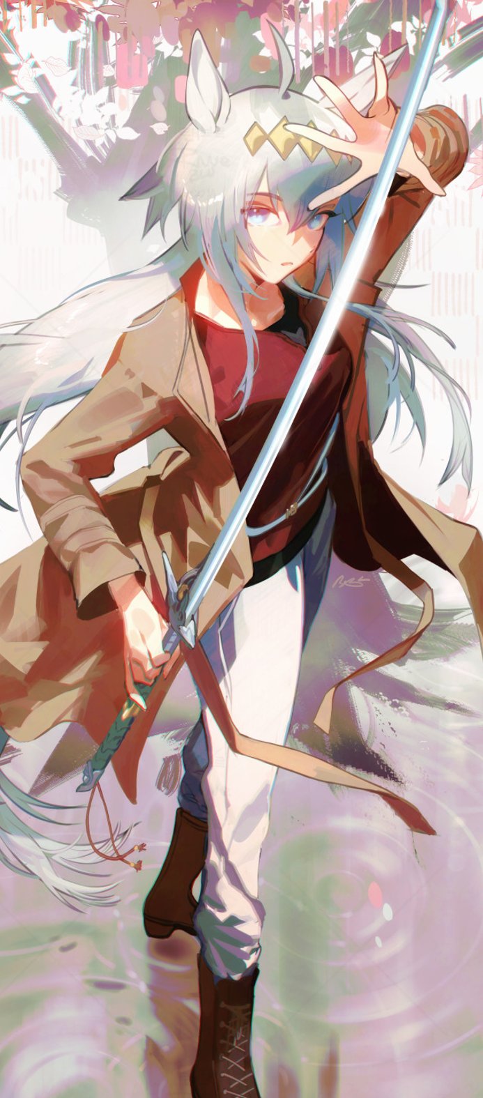 raneblu, oguri cap (umamusume), rean schwarzer, eiyuu densetsu, kai no kiseki, kuro no kiseki (series), umamusume, commentary, commission, english commentary, highres, 1girl, ahoge, animal ears, blue eyes, blurry, blurry background, boots, coat, cosplay, double-parted bangs, floating clothes, floating hair, grey hair, hair between eyes, hair ornament, holding, holding sword, holding weapon, horse ears, horse girl, long hair, looking at viewer, open clothes, open coat, pants, pommel tassel, sidelocks, solo, sword, tachi (weapon), tassel, weapon, white pants