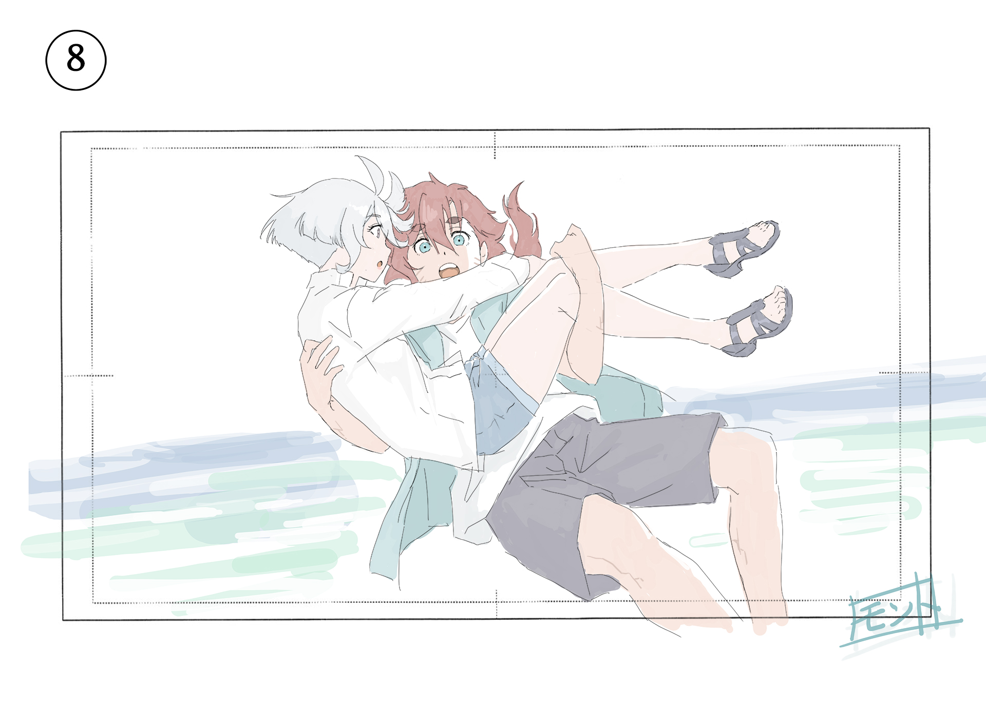 miorine rembran, suletta mercury, gundam, gundam suisei no majo, commentary request, highres, 2girls, arms around neck, black sandals, blue eyes, blue shorts, carrying, grey eyes, grey shorts, long hair, monto (user dmde2437), multiple girls, ocean, open mouth, outdoors, princess carry, red hair, sandals, short hair, shorts, white hair, yuri