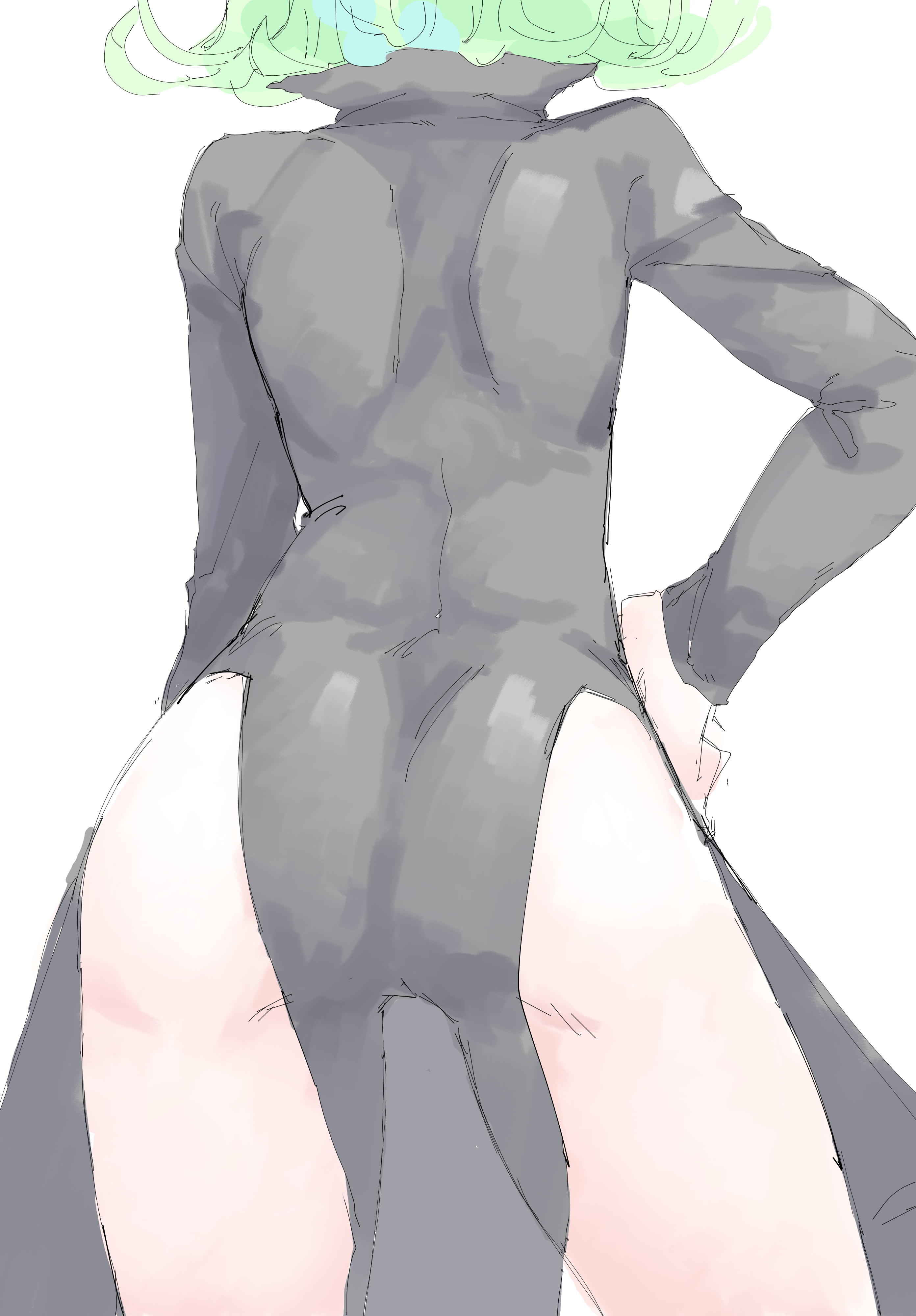 mocamocaink, tatsumaki, one-punch man, absurdres, commentary request, highres, ass, black dress, colored skin, dress, from behind, green hair, hand on own hip, monster girl, slime girl, solo, spread pussy, spread pussy under clothes, white background, white skin