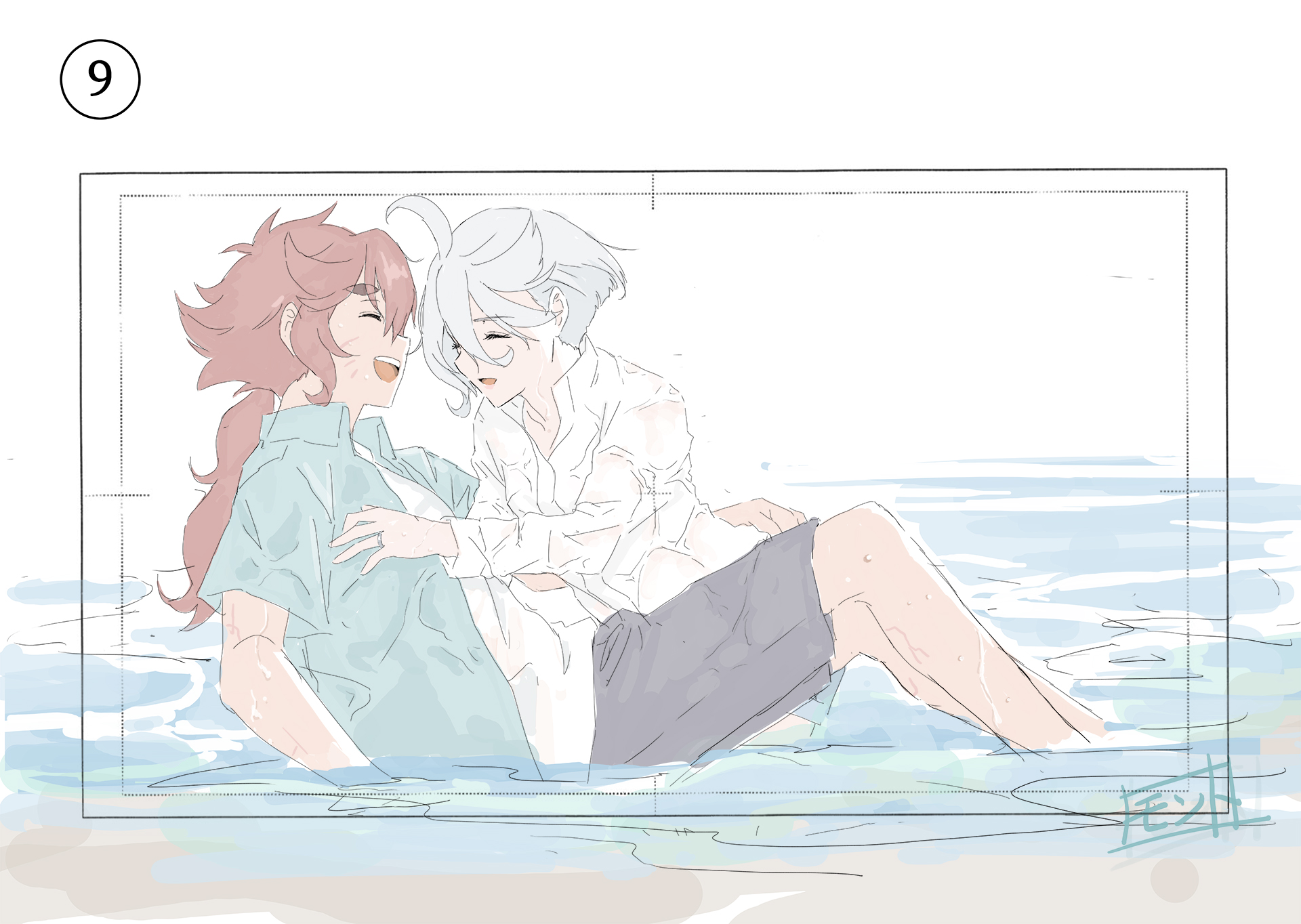 miorine rembran, suletta mercury, gundam, gundam suisei no majo, commentary request, highres, 2girls, blue shirt, closed eyes, grey shorts, hand on another's waist, jewelry, laughing, monto (user dmde2437), multiple girls, ocean, open mouth, outdoors, partially submerged, ring, scar, scar on face, shirt, short hair, shorts, smile, wedding ring, wet, wet clothes, wet shirt, white hair, white shirt, wife and wife, yuri