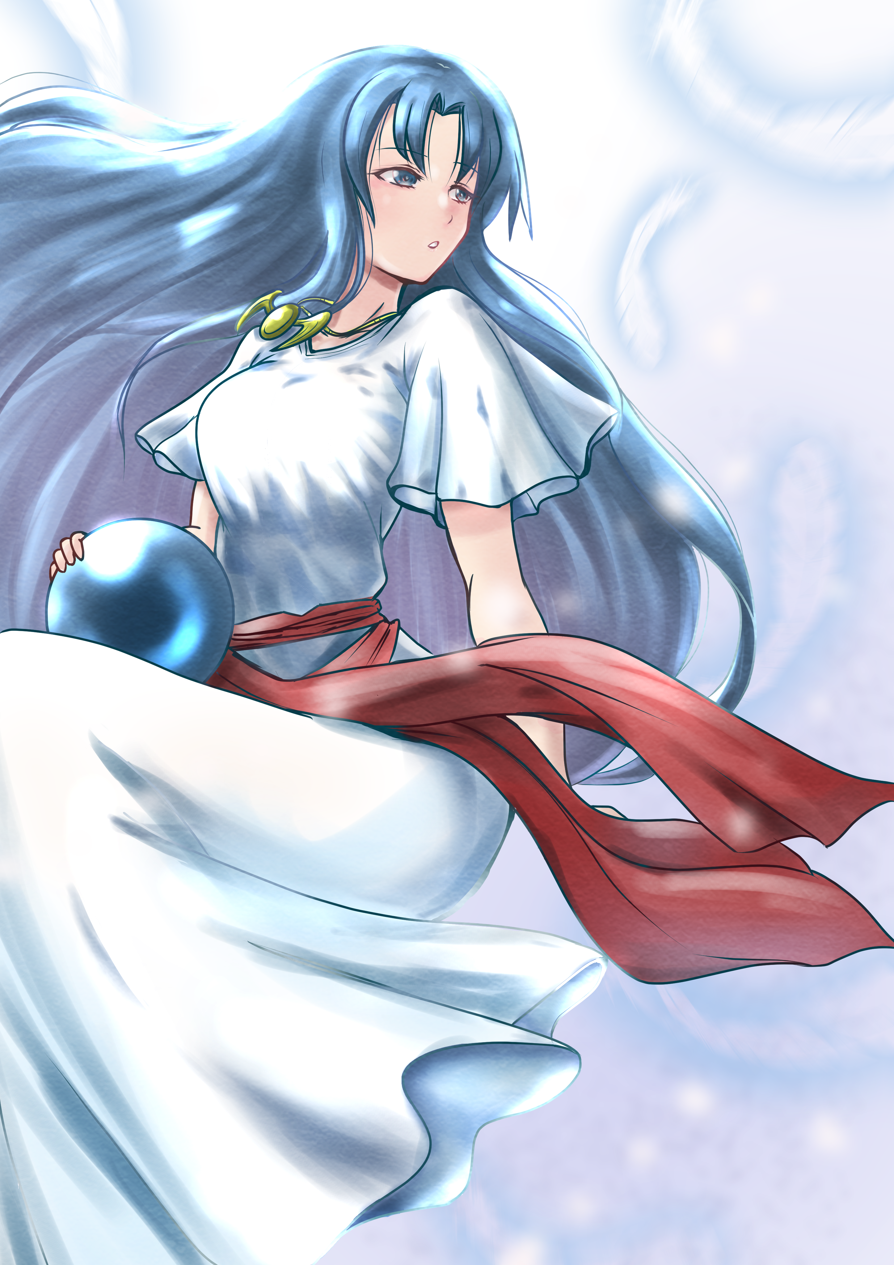 mayashi205, feena (ys), ancient ys vanished, ys, absurdres, commentary request, highres, 1girl, blue eyes, blue hair, breasts, curtained hair, dress, gold necklace, holding orb, jewelry, large breasts, long dress, long hair, necklace, orb, red sash, sash, solo, very long hair, white dress