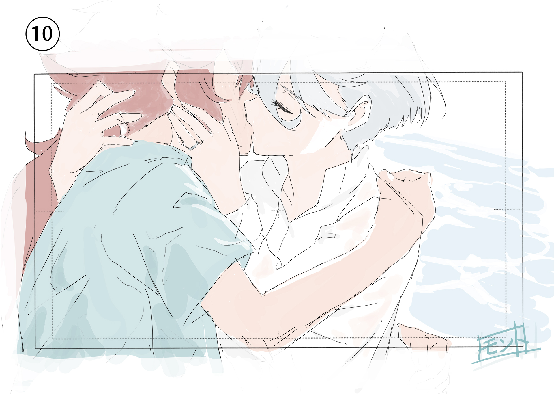 miorine rembran, suletta mercury, gundam, gundam suisei no majo, commentary request, highres, 2girls, blue shirt, jewelry, kiss, long hair, monto (user dmde2437), multiple girls, ocean, outdoors, red hair, ring, shirt, short hair, wedding ring, wet, wet clothes, wet shirt, white hair, white shirt, wife and wife, yuri