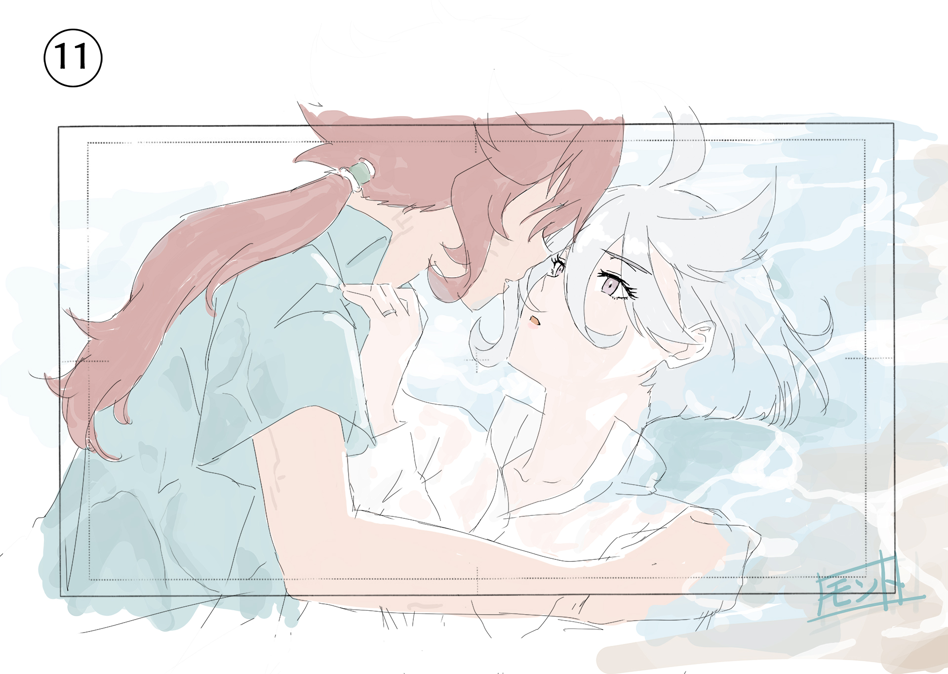 miorine rembran, suletta mercury, gundam, gundam suisei no majo, commentary request, highres, 2girls, beach, blue shirt, grey eyes, hand on another's shoulder, jewelry, long hair, monto (user dmde2437), multiple girls, ocean, outdoors, parted lips, partially submerged, ponytail, red hair, ring, shirt, short hair, wedding ring, wet, wet clothes, wet shirt, white hair, white shirt, wife and wife, yuri