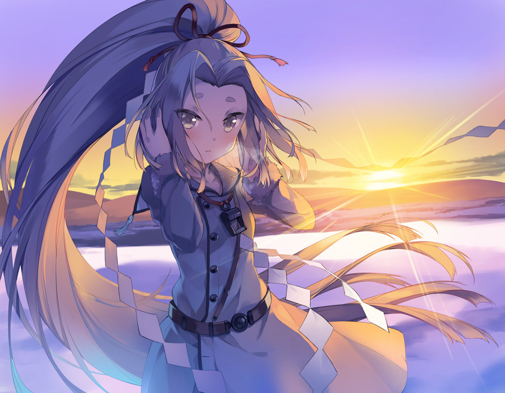 tousaki umiko, hatsuharu (kancolle), kantai collection, 1girl, alternate costume, blush, breath, cloud, coat, coat dress, dress, fur-trimmed sleeves, fur trim, grey coat, grey dress, hair intakes, hair ribbon, horizon, long hair, long sleeves, looking at viewer, outdoors, parted lips, ponytail, purple hair, red ribbon, ribbon, shide, sidelocks, sky, solo, sunrise, very long hair