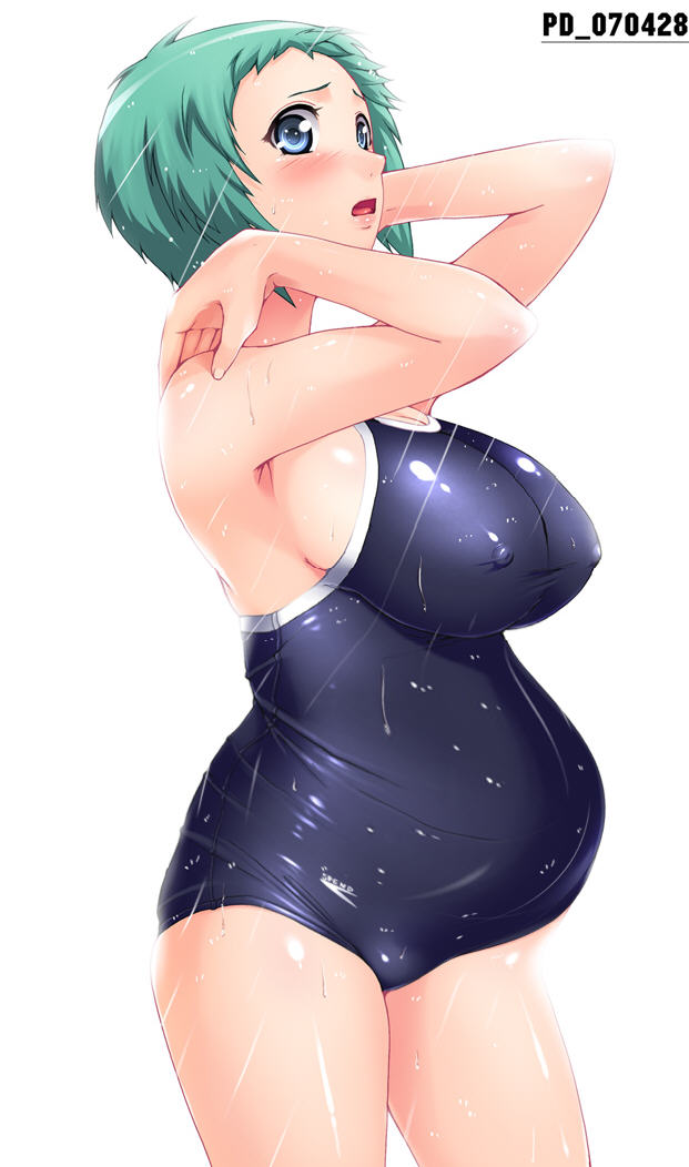 yamagishi fuuka, atlus, persona, persona 3, artist request, blue eyes, blush, breasts, competition school swimsuit, covered erect nipples, green hair, huge breasts, one-piece swimsuit, open mouth, pregnant, school swimsuit, short hair, showering, solo, swimsuit, wet