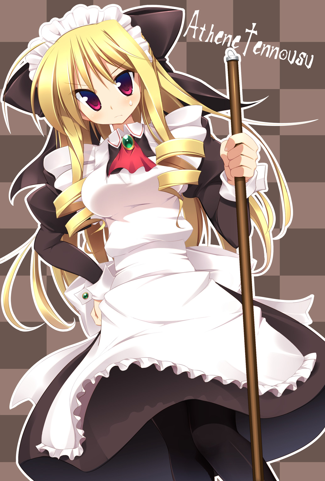 hoppege, tennousu athena, hayate no gotoku!, highres, 00s, 1girl, apron, blonde hair, breasts, broom, dress, drill hair, female focus, hand on own hip, hip focus, long hair, maid, maid apron, maid headdress, pantyhose, pink eyes, solo, sweatdrop, wrist cuffs