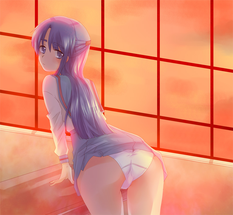 yoshizoe eiko, asakura ryoko, suzumiya haruhi no yuuutsu, 00s, 1girl, ass, bent over, blue eyes, blue hair, classroom, female focus, long hair, looking back, panties, pantyshot, school, school uniform, serafuku, solo, sunset, trefoil, underwear, white panties