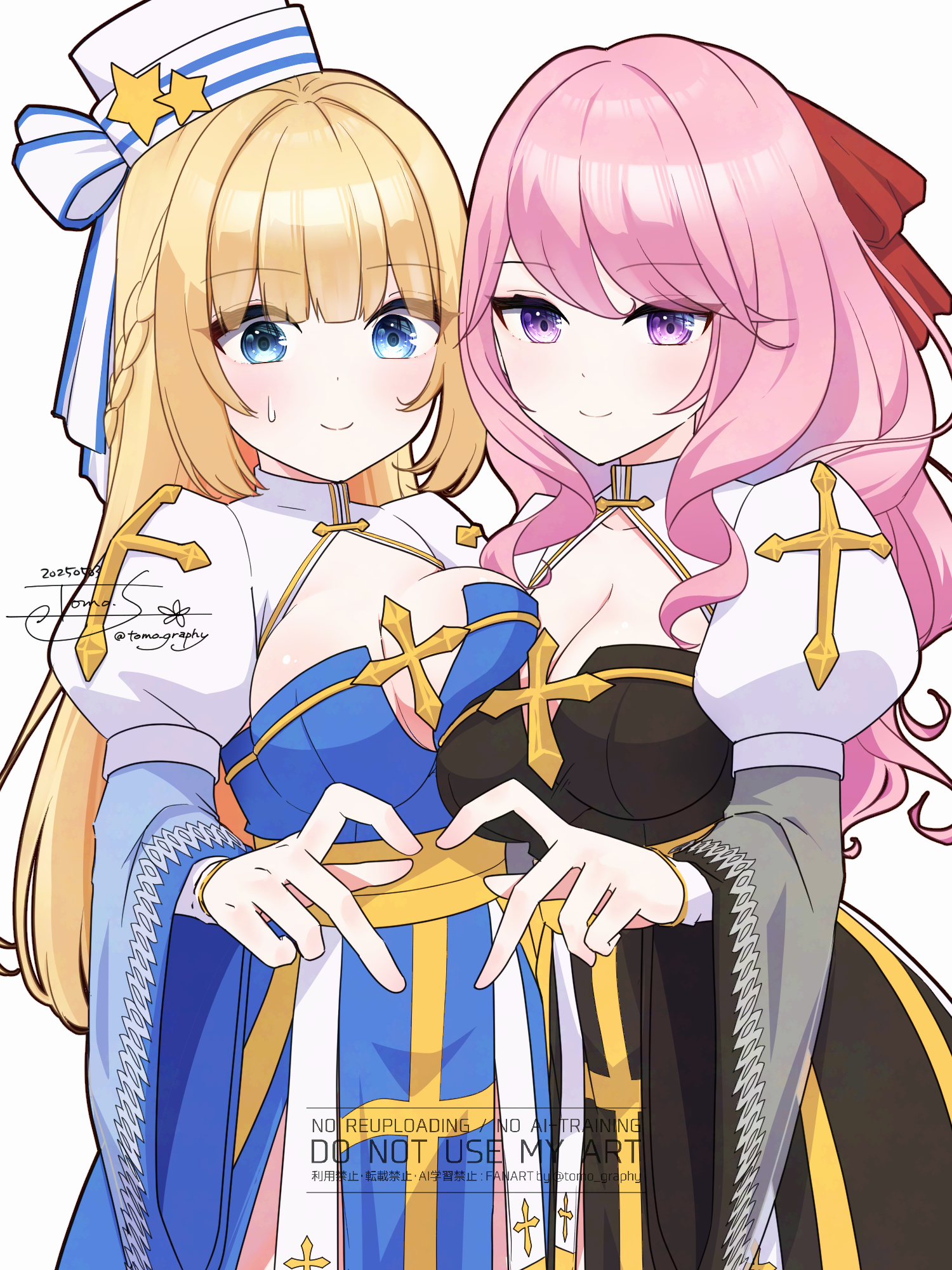 sakuraji tomoka, arch bishop (ragnarok online), ragnarok masters, ragnarok online, commentary request, highres, 2girls, black dress, blonde hair, blue dress, blue eyes, bow, braid, breast press, breasts, cleavage, cleavage cutout, closed mouth, clothing cutout, cross, dated, dress, hair bow, half up braid, hat, hat bow, hat ornament, heart, heart hands, heart hands duo, juliet sleeves, large breasts, long hair, long sleeves, looking at viewer, multiple girls, pink hair, puffy sleeves, purple eyes, red bow, sash, signature, simple background, smile, star (symbol), star hat ornament, symmetrical docking, two-tone dress, watermark, wavy hair, white background, white bow, white dress, white hat, yellow sash