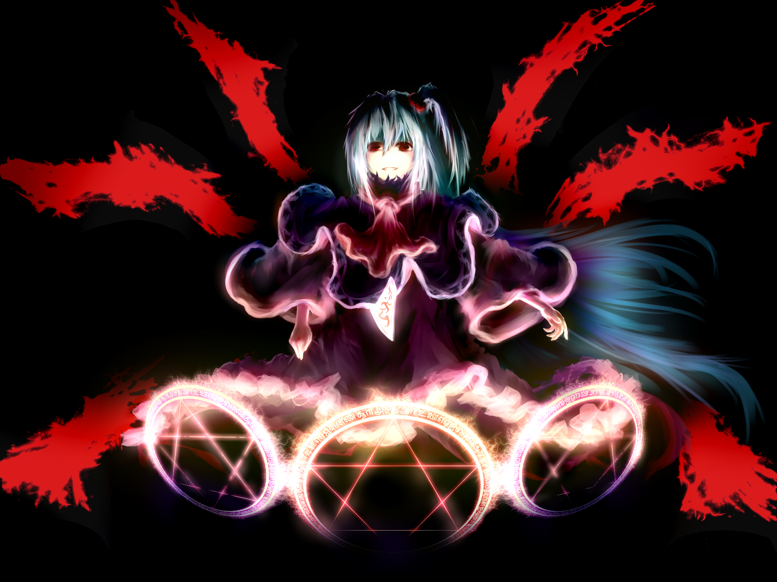 innelysion, innemk, shinki (touhou), mystic square, touhou, touhou (pc-98), highres, 1girl, female focus, grin, magic circle, smile, solo