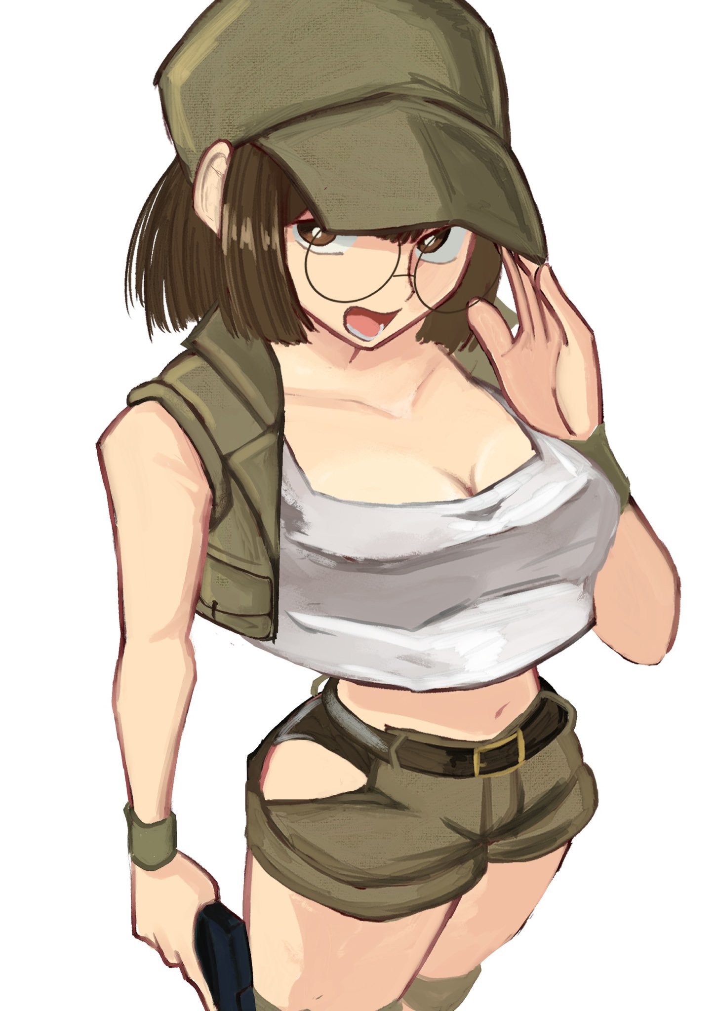 tikuwabu 33, fio germi, metal slug, highres, belt, brown eyes, brown hair, crop top, field cap, glasses, gun, hat, knee pads, military, ponytail, round eyewear, shorts, solo, weapon, white background