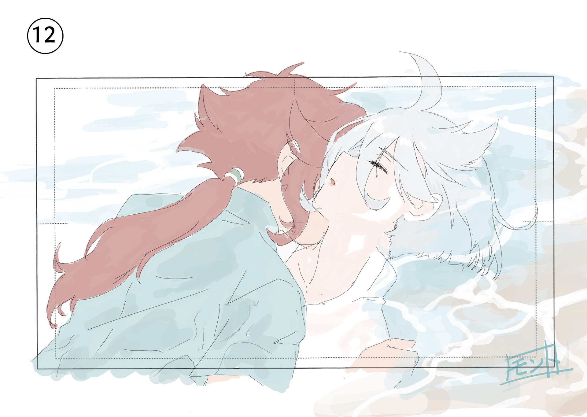 miorine rembran, suletta mercury, gundam, gundam suisei no majo, commentary request, highres, 2girls, blue shirt, closed eyes, hand on another's shoulder, kiss, kissing neck, long hair, monto (user dmde2437), multiple girls, ocean, open mouth, outdoors, partially submerged, ponytail, red hair, shirt, short hair, white hair, white shirt, yuri