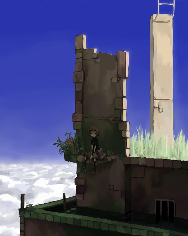 crr w9kd, 1girl, cloud, day, female focus, grass, ruins, scenery, sitting, sky, solo