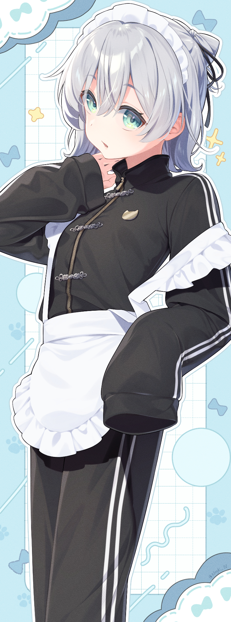 noyk iv, nekomugi tororo, indie virtual youtuber, commentary request, highres, 1girl, apron, black jacket, black pants, black ribbon, green eyes, grey hair, hair ribbon, jacket, jersey maid, long sleeves, looking at viewer, maid, maid headdress, outline, pants, parted lips, ribbon, sleeves past fingers, sleeves past wrists, solo, track jacket, unconventional maid, virtual youtuber, waist apron, white apron, white outline