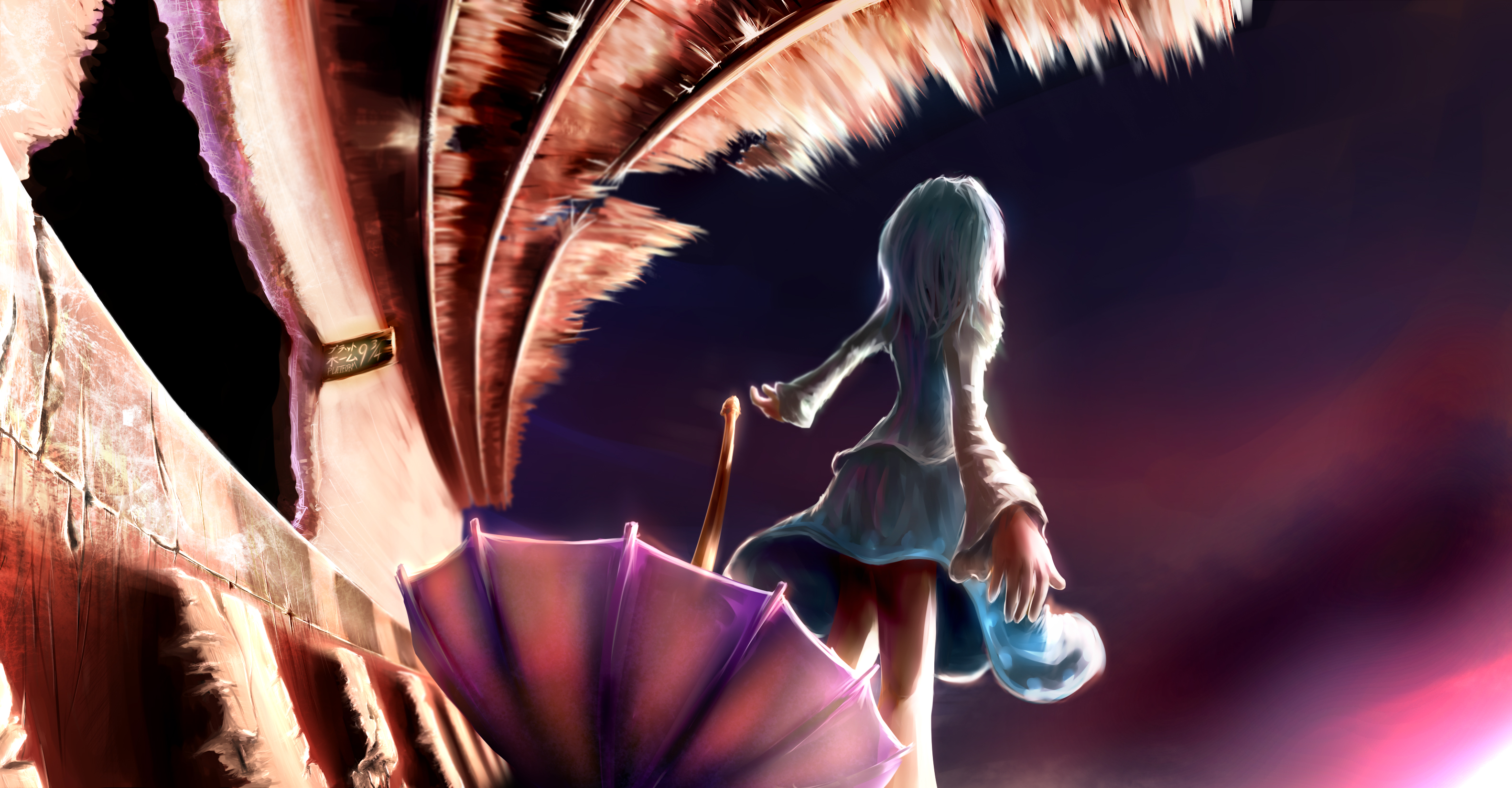 innelysion, innemk, tatara kogasa, harry potter (series), touhou, wizarding world, highres, 1girl, crossover, female focus, parody, solo, train station, umbrella