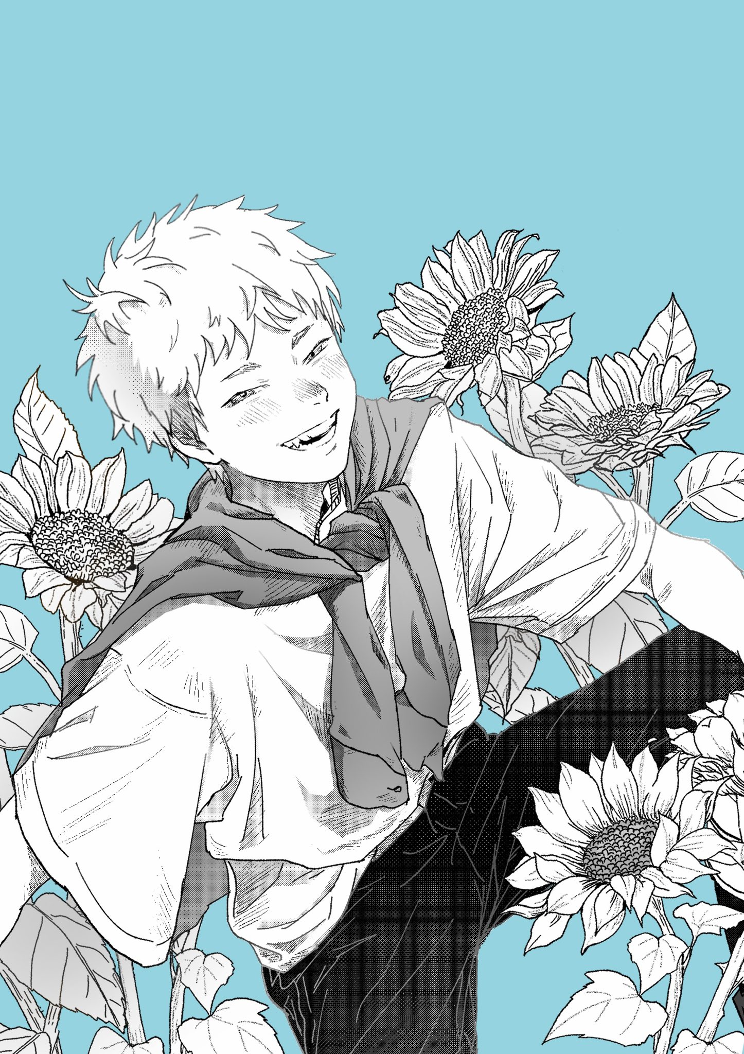 indou hikaru, hikaru ga shinda natsu, commentary request, highres, 1boy, aqua background, arm on knee, blush, flower, greyscale, greyscale with colored background, half-closed eyes, huilu0329, knee up, looking at viewer, male focus, monochrome, short eyebrows, short hair, simple background, sitting, smile, solo, sunflower