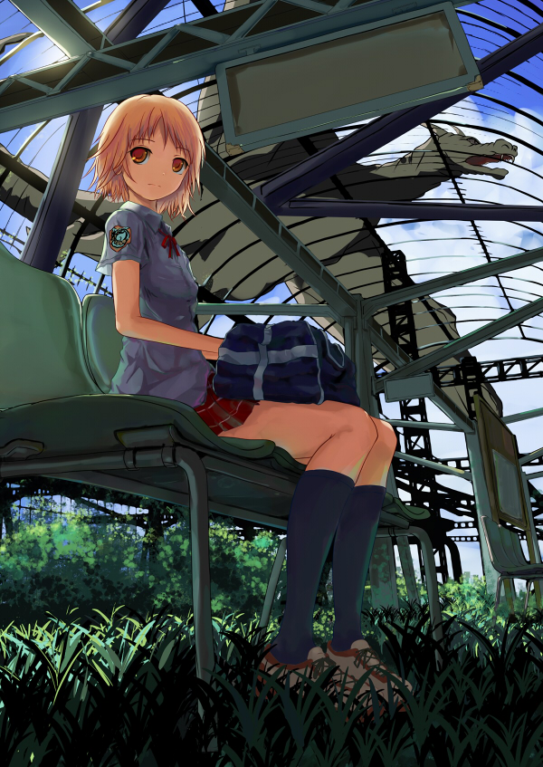 hoippu, original, blonde hair, dragon, grass, legs, orange eyes, school uniform, short hair, sitting, solo