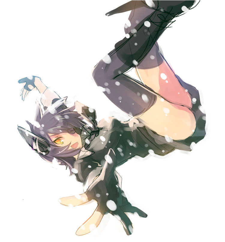 tousaki umiko, tenryuu (kancolle), kantai collection, commentary request, 1girl, black bow, black cardigan, black gloves, black skirt, boots, bow, breasts, cardigan, eyepatch, falling, gloves, headgear, looking at viewer, medium breasts, miniskirt, open mouth, outstretched arms, partially fingerless gloves, purple hair, short hair, simple background, skirt, solo, thighhighs, white background, yellow eyes
