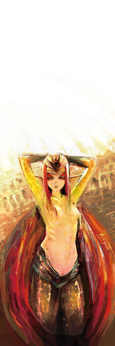 tyuurippu taisa, mutio, ao no roku-gou, highres, long image, tall image, arms behind head, arms up, breasts, colored skin, cowboy shot, flat chest, frown, monster girl, multicolored skin, pointy ears, solo, yellow skin