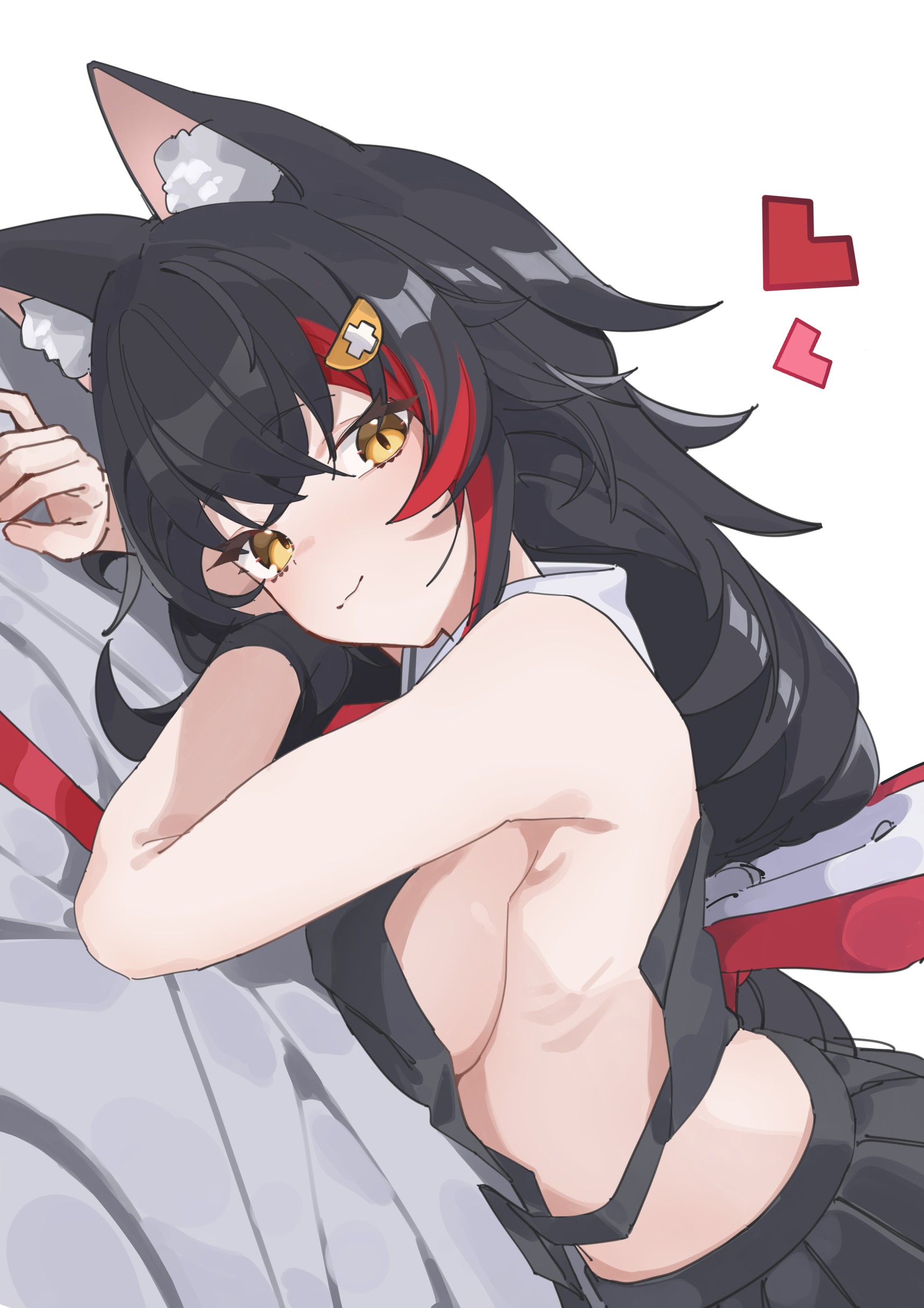 angeldu, ookami mio, hololive, 1girl, animal ears, bare shoulders, black hair, black skirt, breasts, looking at viewer, lying, on bed, on stomach, sideboob, skirt, solo, virtual youtuber, wolf ears