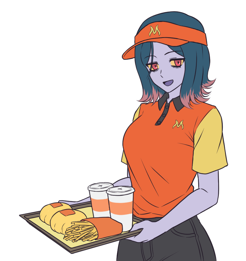 kirby otaku, misdreavus, nintendo, pokemon, commentary, english commentary, 1girl, bags under eyes, black hair, black pants, breasts, collared shirt, colored sclera, colored skin, contrast collar, cowboy shot, cup, disposable cup, employee uniform, fast food uniform, food, french fries, gen 2 pokemon, hat, looking at viewer, medium breasts, open mouth, orange hat, orange shirt, pants, personification, purple skin, red eyes, shirt, short sleeves, simple background, smile, solo, transparent background, visor cap, yellow sclera