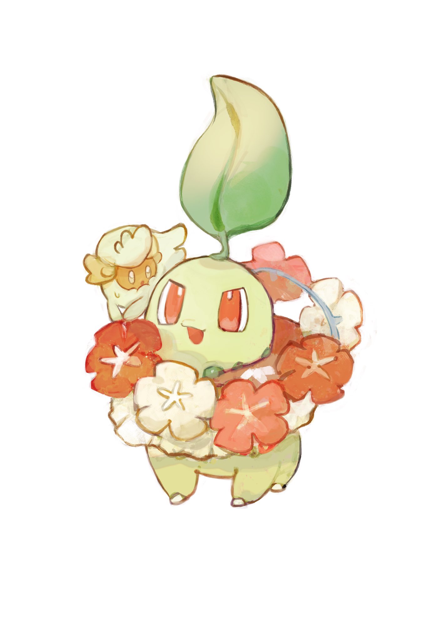 aomidori iro, chikorita, comfey, nintendo, pokemon, commentary request, highres, flower, flower necklace, gen 2 pokemon, gen 7 pokemon, jewelry, leaf, lei, necklace, no humans, open mouth, pokemon (creature), pokemon focus, red eyes, simple background, smile, white background