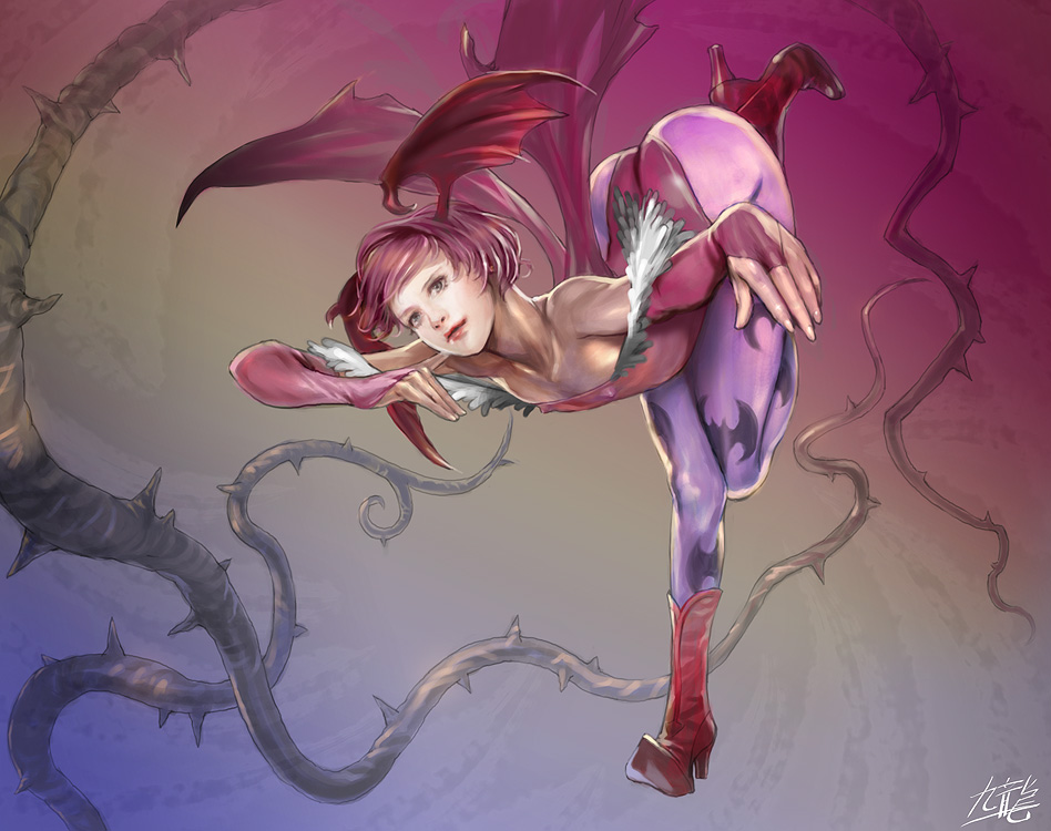 jasmine t, lilith (darkstalkers), capcom, darkstalkers, 1girl, animal print, ass, bat print, bent over, boots, demon girl, female focus, gloves, head wings, pantyhose, print pantyhose, purple hair, short hair, solo, wings
