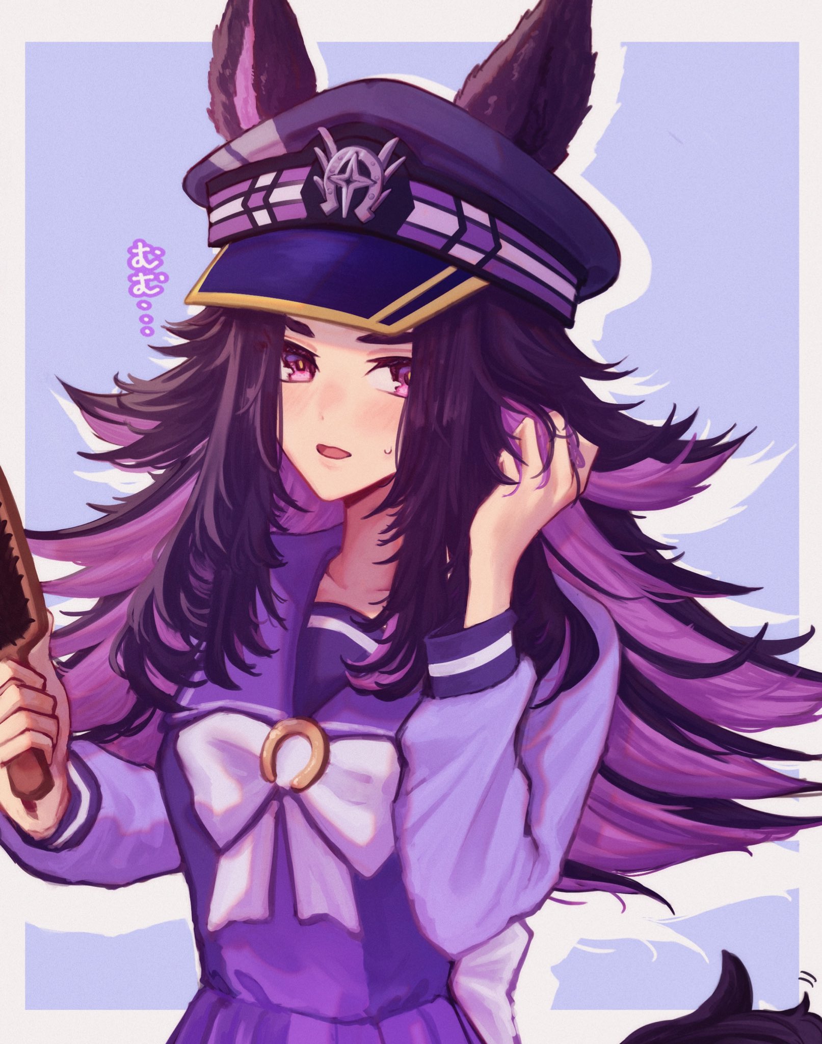 fenomeno (umamusume), umamusume, commentary request, highres, 1girl, animal ears, black hair, blush, bow, bowtie, ears through headwear, flipped hair, hair brush, hat, holding, holding brush, horse ears, horse girl, horse tail, horseshoe hat ornament, horseshoe ornament, long hair, long sleeves, looking at viewer, multicolored hair, open mouth, peaked cap, purple eyes, purple hair, purple sailor collar, purple serafuku, purple shirt, purple skirt, sailor collar, sailor shirt, school uniform, serafuku, shirt, skirt, smile, solo, tail, tracen school uniform, und0-, upper body, white bow, white bowtie