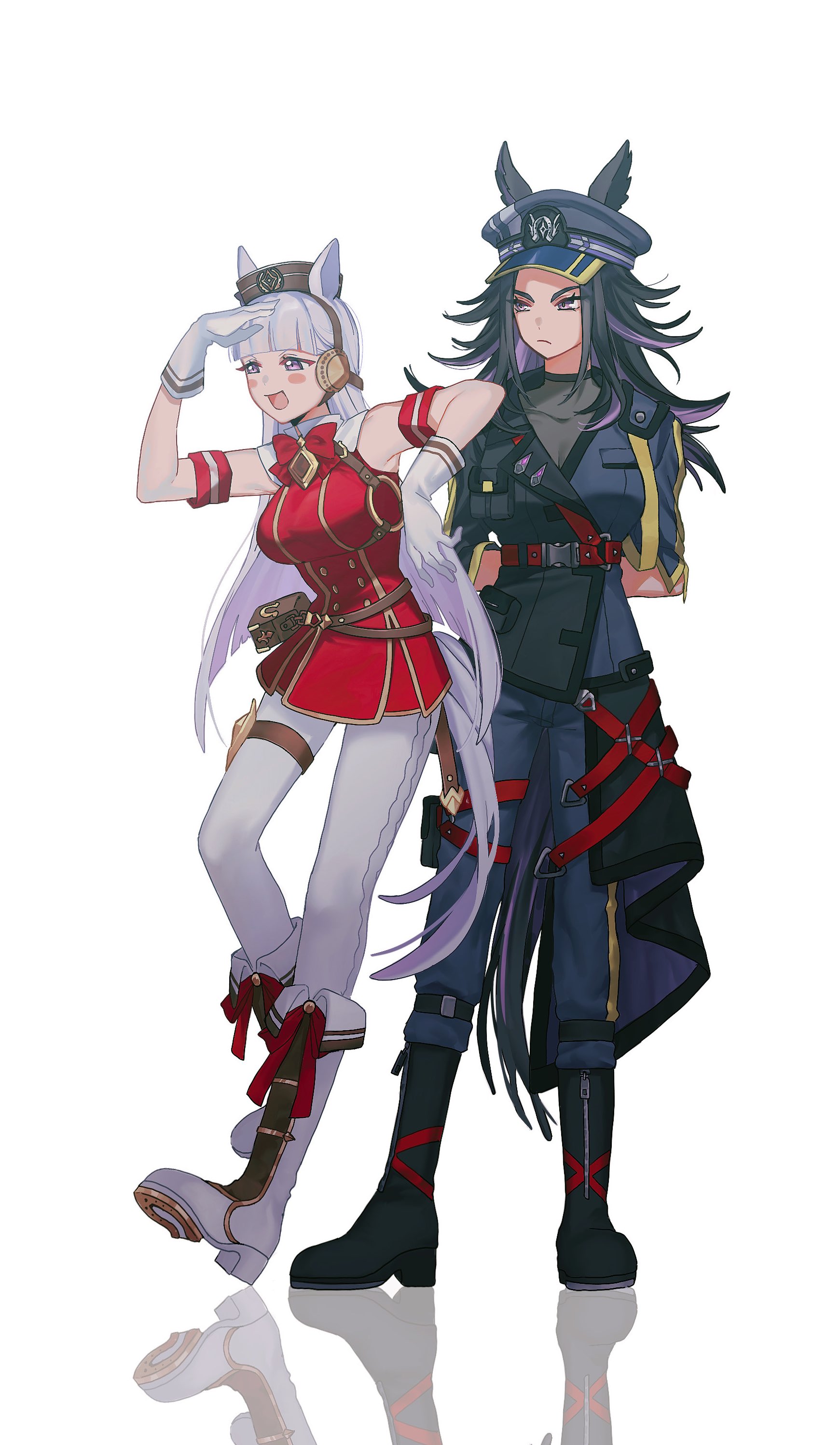 jouge2983, fenomeno (black flames of the righteous spirit) (umamusume), fenomeno (umamusume), gold ship (red strife) (umamusume), gold ship (umamusume), umamusume, absurdres, commentary request, highres, 2girls, animal ears, arm on another's shoulder, armband, arms behind back, belt pouch, black boots, black coat, black hair, black pants, blunt bangs, blush, boots, bow, bowtie, breasts, brown hat, closed mouth, coat, dress, ears through headwear, flipped hair, gloves, grey hair, hat, horse ears, horse girl, horse tail, horseshoe hat ornament, horseshoe ornament, jacket, large breasts, leggings, long hair, long sleeves, multicolored hair, multiple girls, open mouth, pants, pantyhose, peaked cap, pillbox hat, pouch, purple eyes, purple hair, red bow, red bowtie, red dress, shirt, sleeveless, sleeveless dress, smile, striped armband, striped clothes, tail, thigh strap, white boots, white gloves, white leggings, white pantyhose