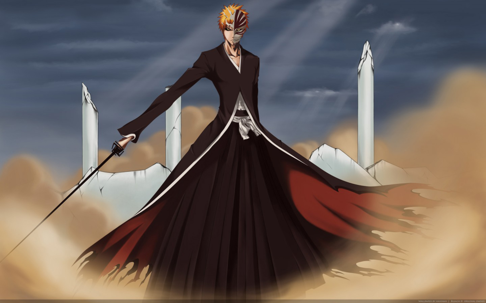 kurosaki ichigo, bleach, highres, 00s, 1boy, black sclera, colored sclera, dust, katana, male focus, mask, orange hair, outdoors, shihakusho, skull, sky, solo, sword, weapon, yellow eyes