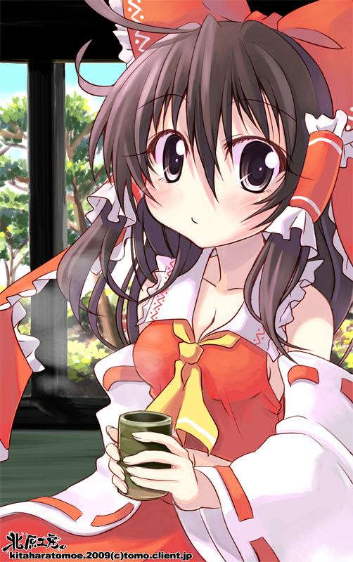 kitahara tomoe (kitahara koubou), hakurei reimu, touhou, 1girl, black eyes, black hair, bow, breasts, cleavage, cup, detached sleeves, female focus, hair bow, japanese clothes, miko, no bra, solo