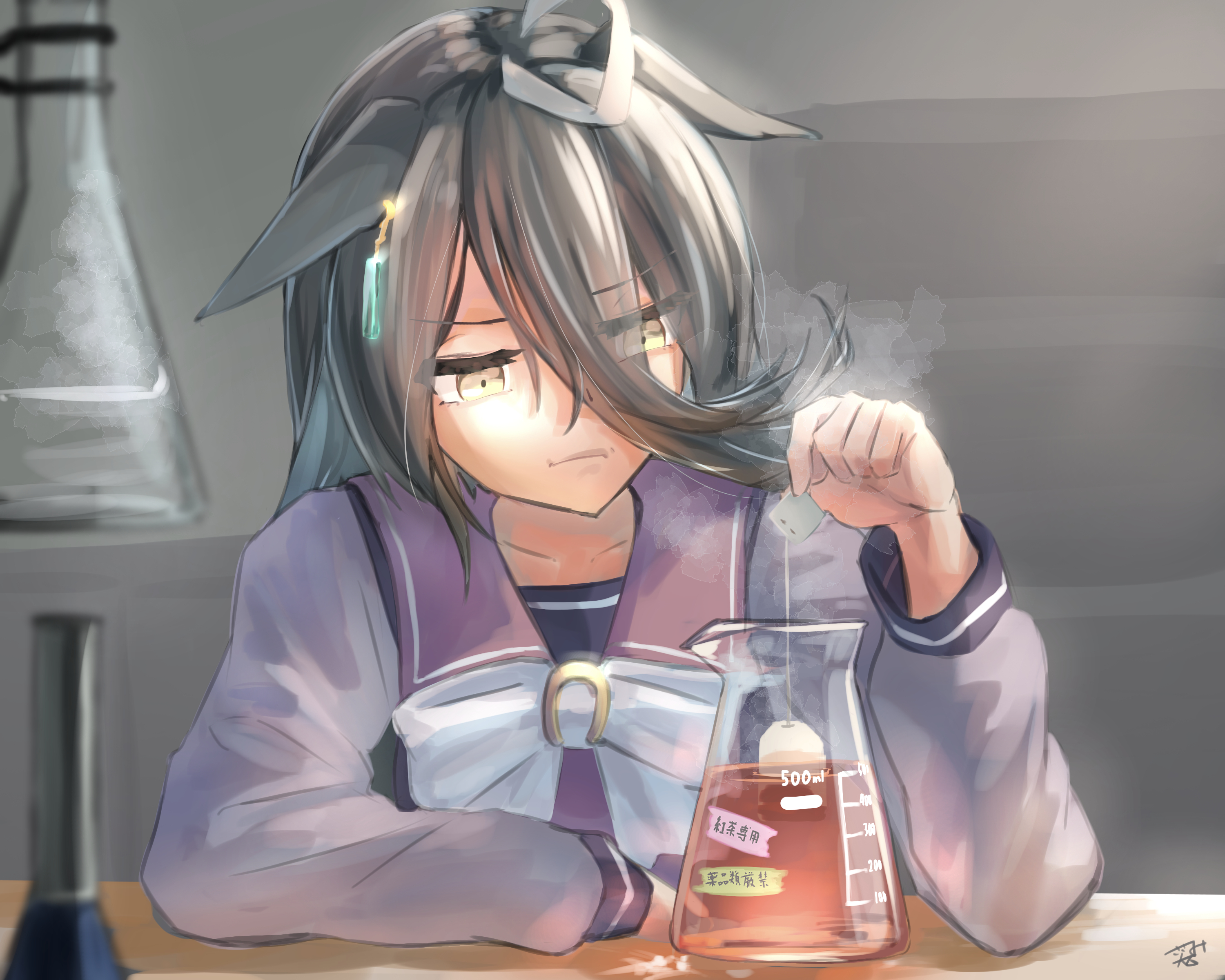 manhattan cafe (umamusume), umamusume, absurdres, commentary request, highres, 1girl, ahoge, animal ears, beaker, black hair, bow, bowtie, closed mouth, collarbone, ear tag, earrings, hair between eyes, holding, horse ears, horse girl, jewelry, long bangs, long hair, long sleeves, multicolored hair, purple sailor collar, purple serafuku, purple shirt, sailor collar, sailor shirt, sasami oishine, school uniform, serafuku, shirt, single earring, solo, steam, tea, teabag, tracen school uniform, very long hair, white bow, white bowtie, white hair, yellow eyes