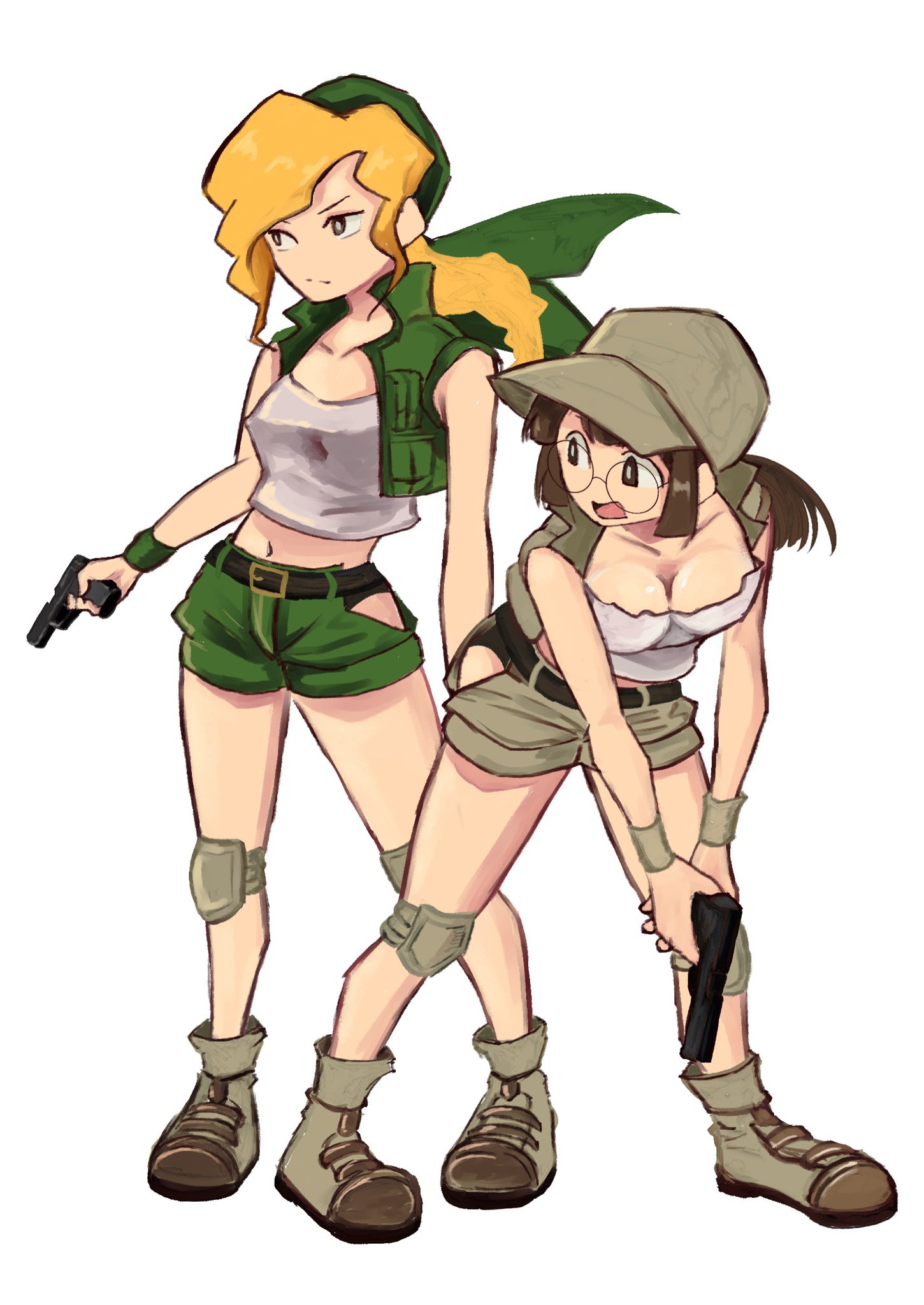 tikuwabu 33, fio germi, kasamoto eri, metal slug, highres, belt, blonde hair, boots, brown eyes, brown hair, crop top, field cap, glasses, gun, hat, holding, holding gun, holding weapon, looking to the side, military, ponytail, round eyewear, shorts, weapon, white background