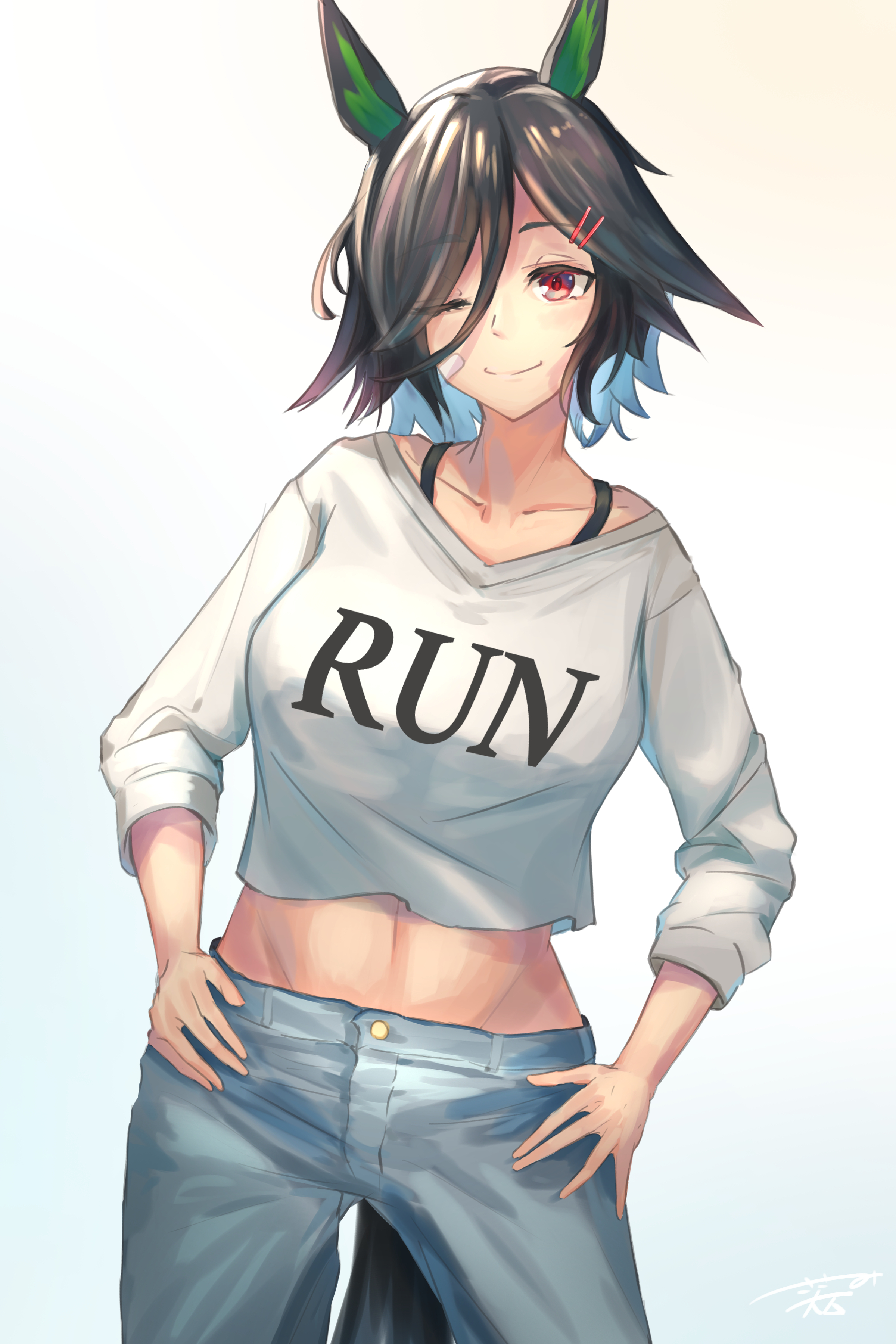 winning ticket (umamusume), umamusume, absurdres, commentary request, highres, animal ears, bandaid, bandaid on cheek, bandaid on face, black hair, blue pants, blush, bra strap, breasts, closed mouth, collarbone, denim, hair between eyes, hair ornament, hairclip, horse ears, horse girl, horse tail, jeans, long sleeves, looking at viewer, medium breasts, midriff, navel, one eye closed, pants, parted bangs, red eyes, sasami oishine, shirt, short hair, smile, swept bangs, tail, white shirt