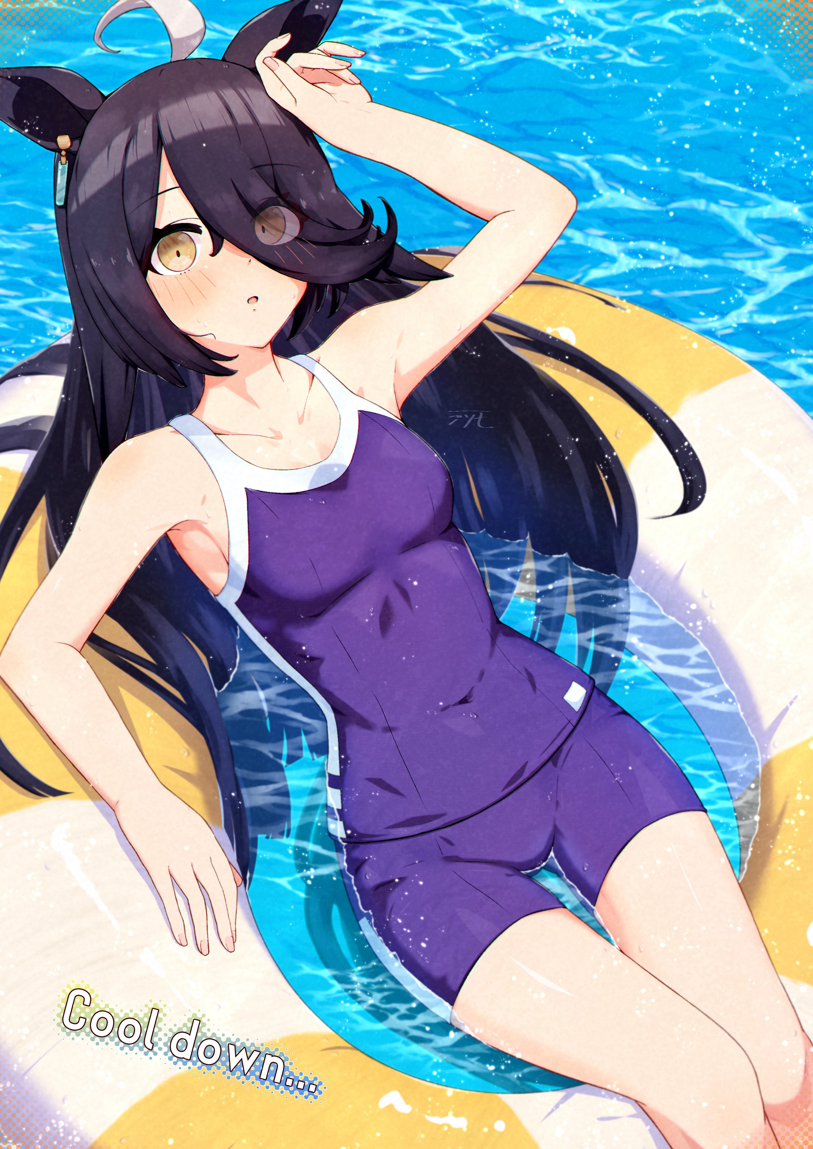 jsm 100, manhattan cafe (umamusume), umamusume, absurdres, hashtag-only commentary, highres, 1girl, ahoge, animal ears, bare shoulders, black hair, breasts, collarbone, competition school swimsuit, ear tag, earrings, hair between eyes, horse ears, horse girl, horse tail, innertube, jewelry, long bangs, long hair, long hair between eyes, looking at viewer, multicolored hair, navel, one-piece swimsuit, pool, purple one-piece swimsuit, school swimsuit, single earring, small breasts, solo, swim ring, swimsuit, tail, tracen swimsuit, very long hair, water, white hair, yellow eyes